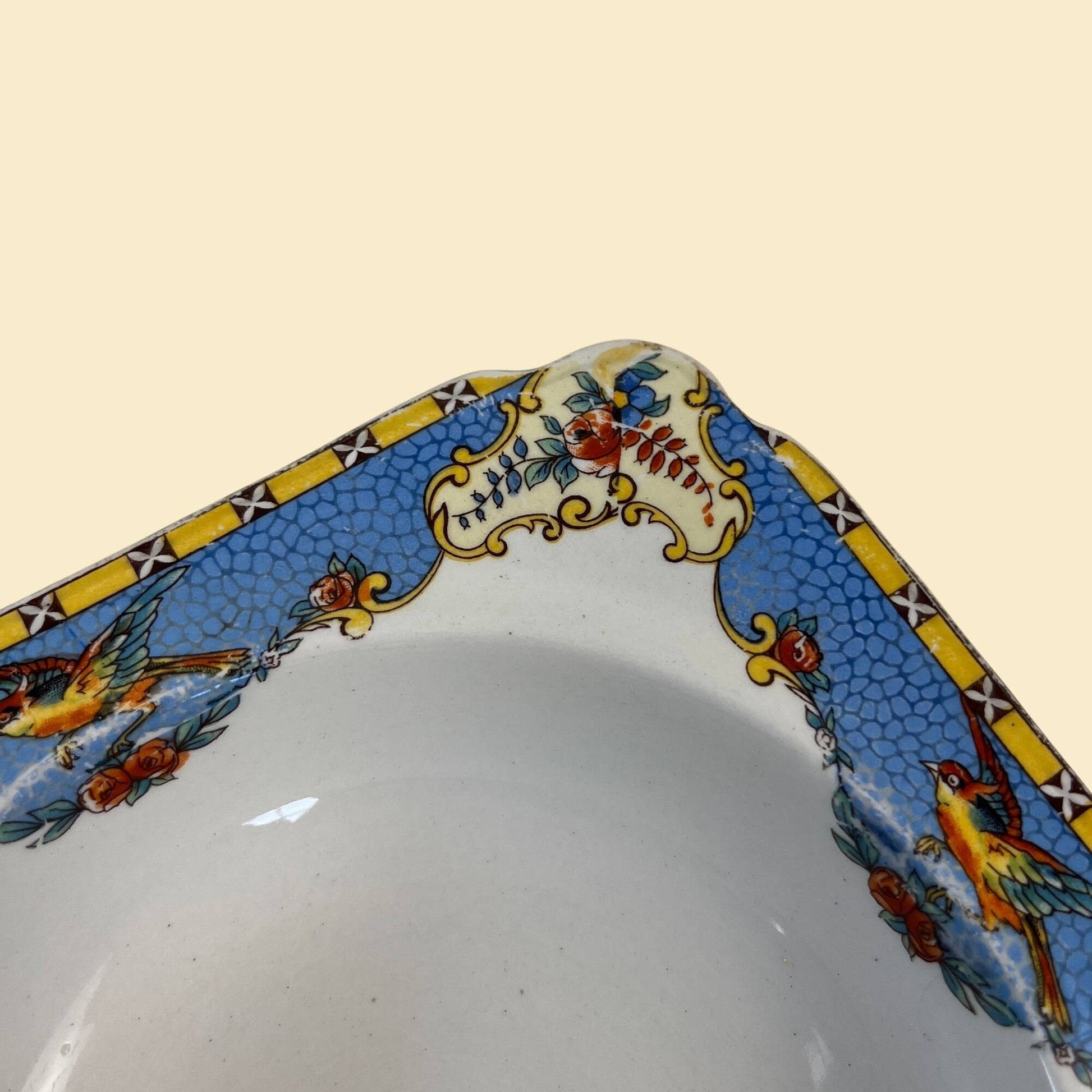 1930s ceramic Burgess Ware plate, blue & yellow bird patterned vintage plate