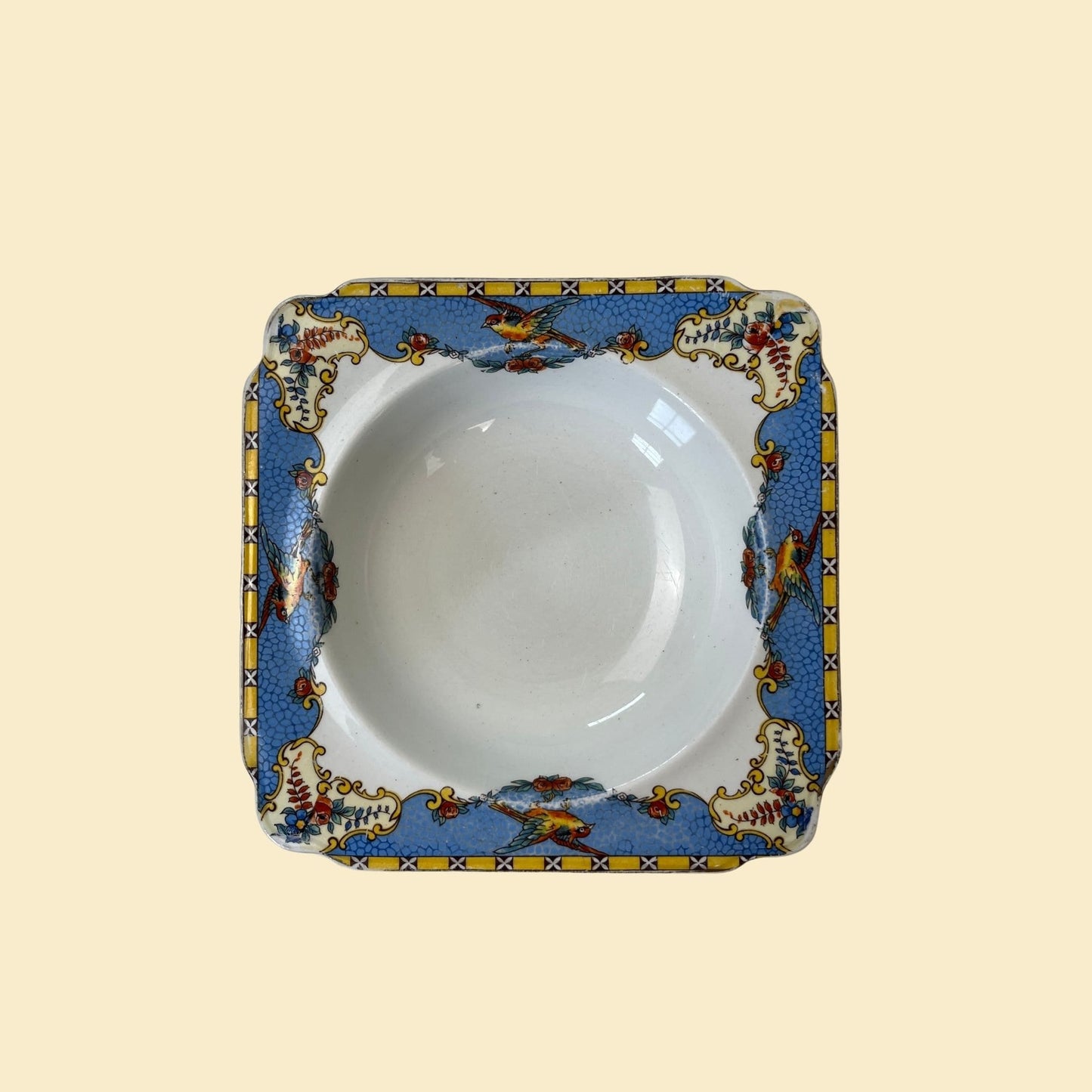 1930s ceramic Burgess Ware plate, blue & yellow bird patterned vintage plate