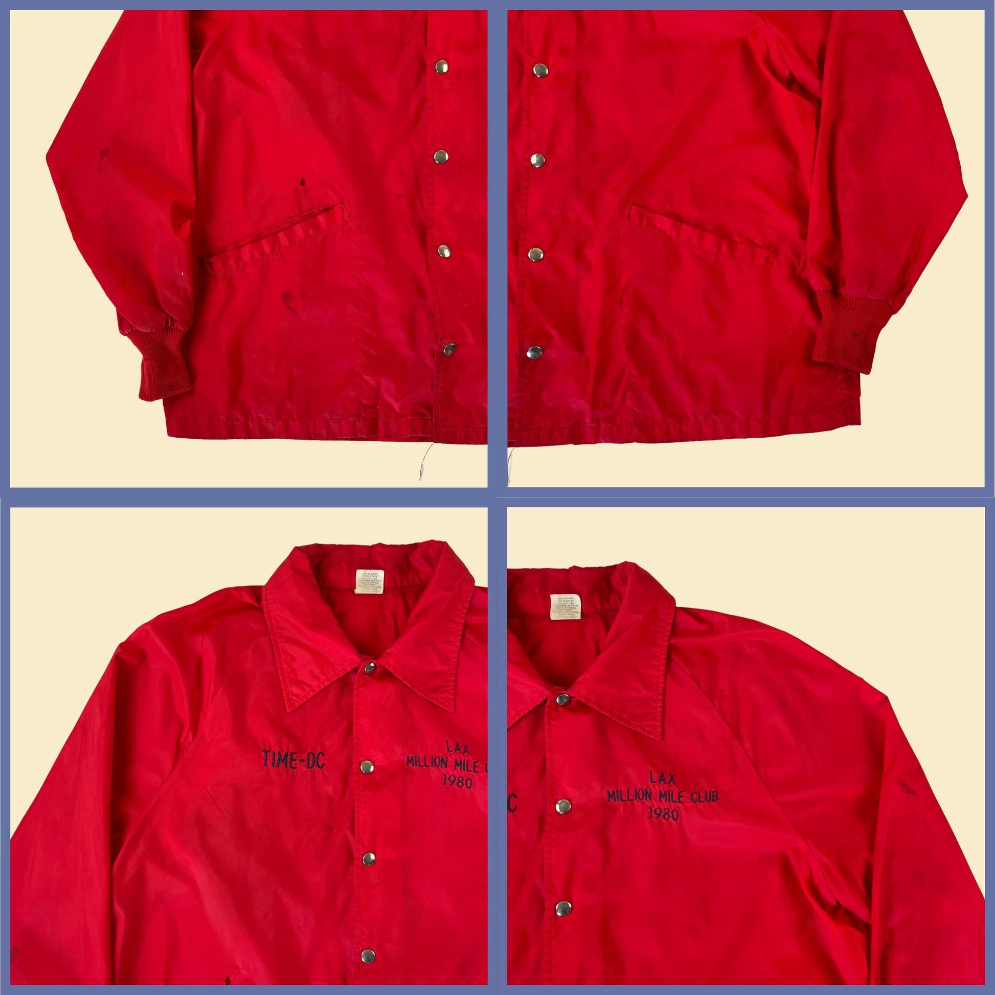 80s LAX Million Mile Club windbreaker, size XL vintage 1980s red nylon Los Angeles jacket