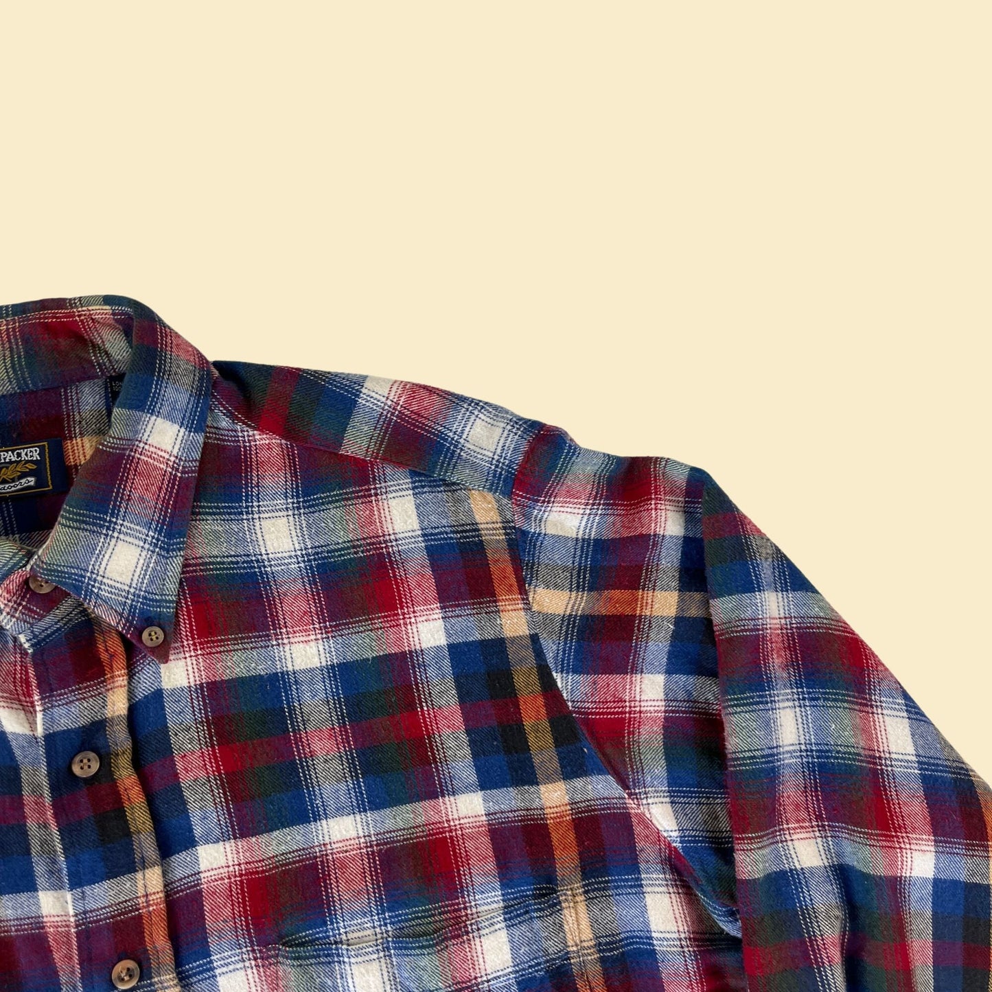 1990s size L blue & red flannel shirt by Backpacker Outdoors, vintage 90s casual plaid button down