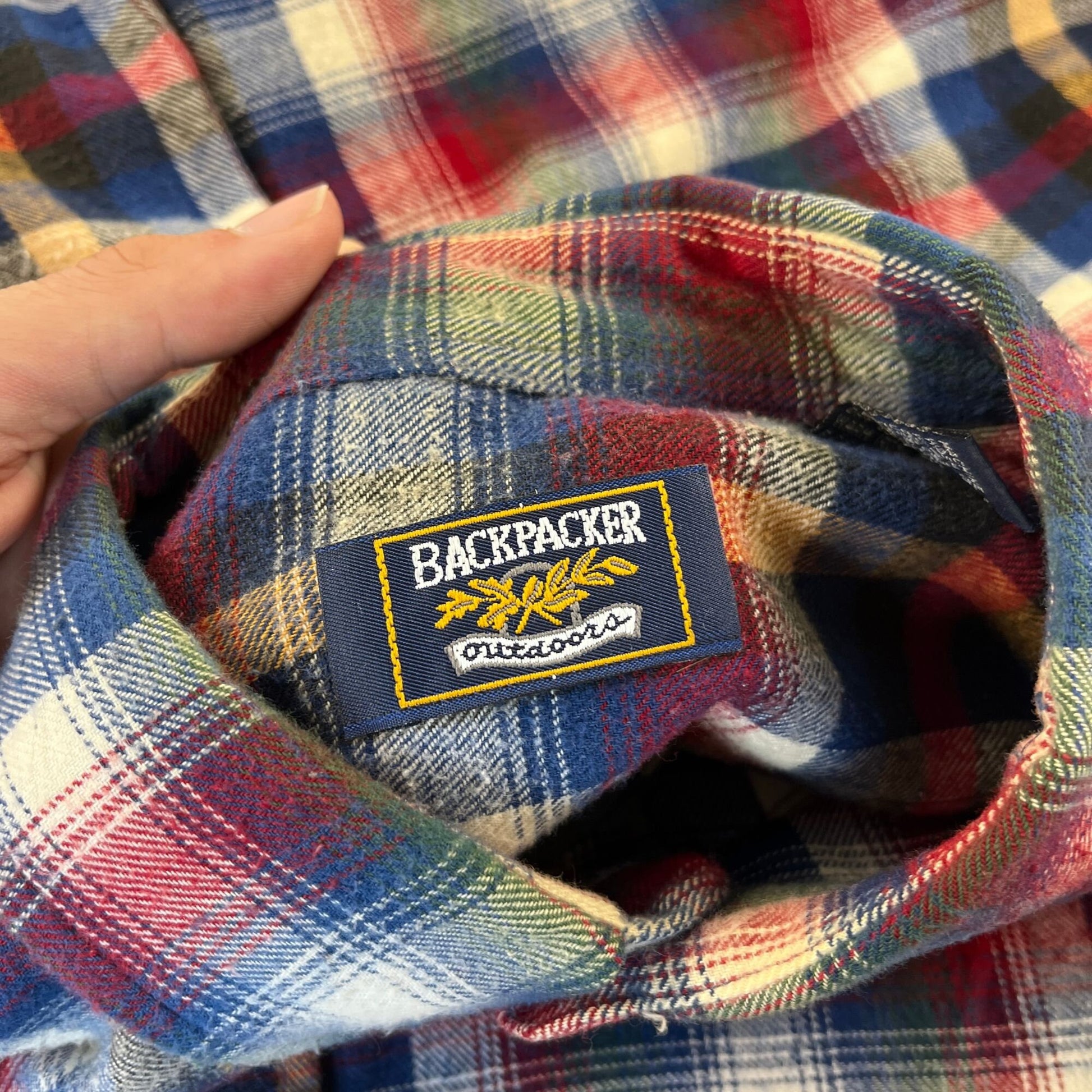 1990s size L blue & red flannel shirt by Backpacker Outdoors, vintage 90s casual plaid button down