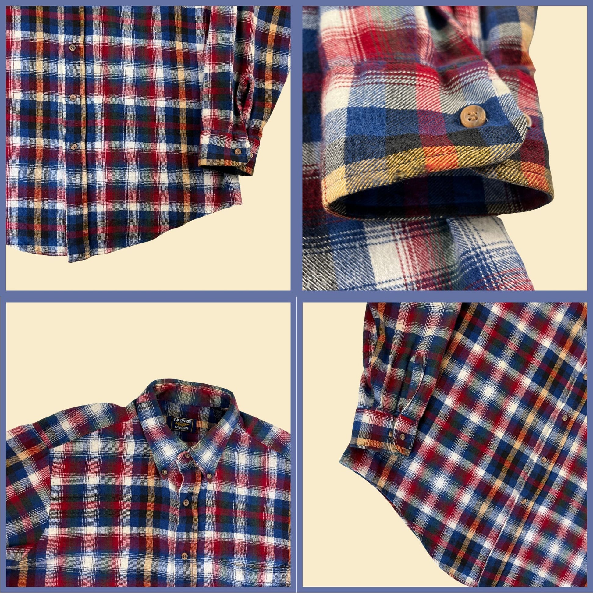 1990s size L blue & red flannel shirt by Backpacker Outdoors, vintage 90s casual plaid button down