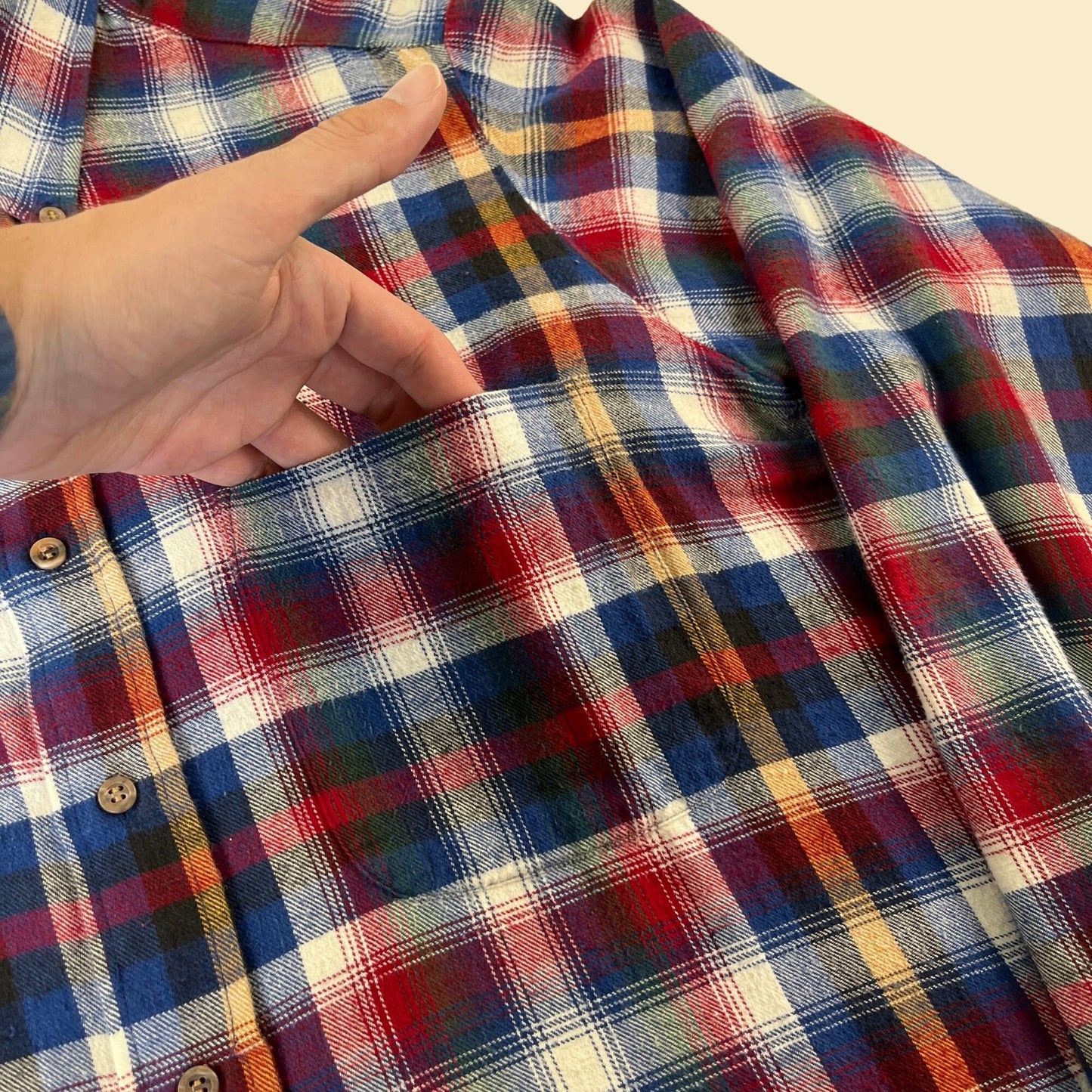 1990s size L blue & red flannel shirt by Backpacker Outdoors, vintage 90s casual plaid button down