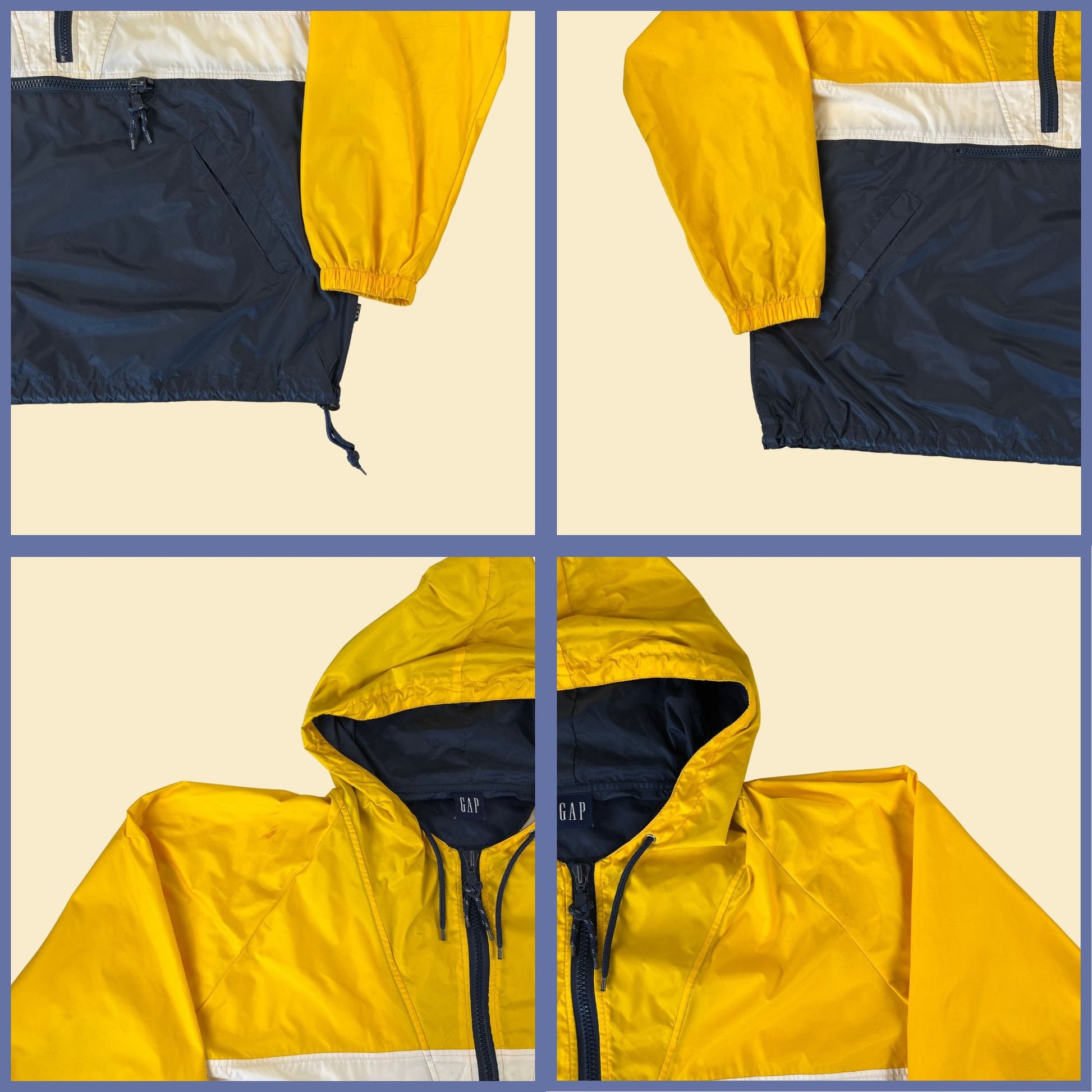 Vintage 90s GAP windbreaker, size L 1990s color block yellow & blue hooded windbreaker jacket