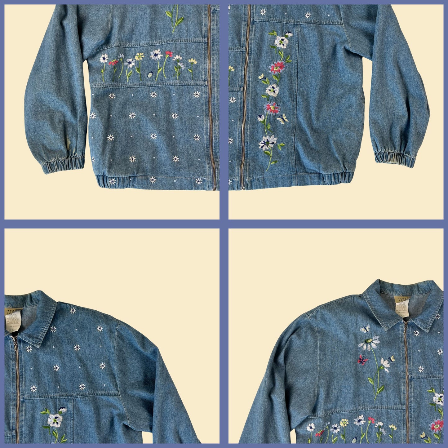 80s floral denim jacket by Teddi, size L vintage 1980s flower patterned zip up w/ shoulder pads