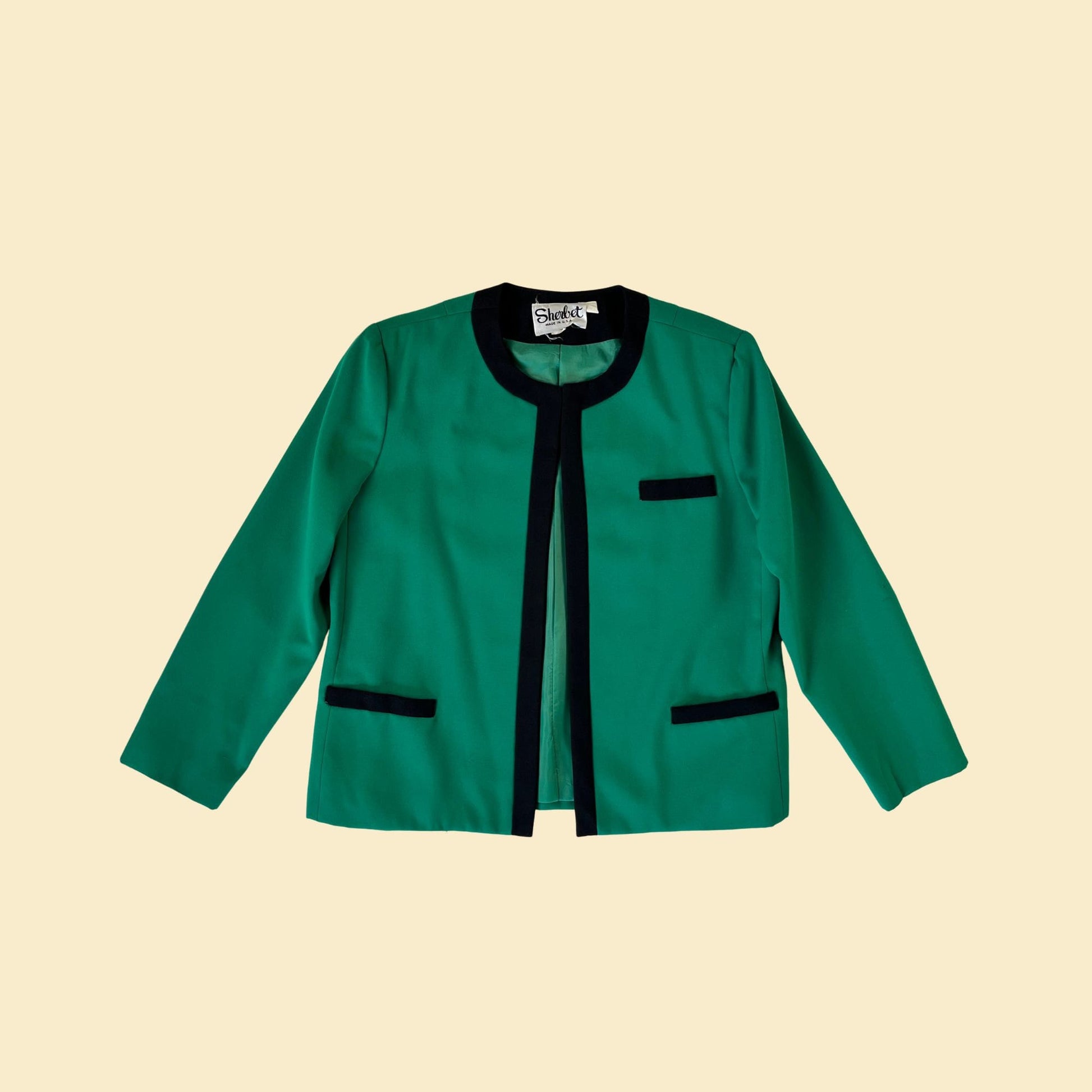 1980s size 14 green blazer by Sherbert, vintage mod style 80s green and black women's jacket