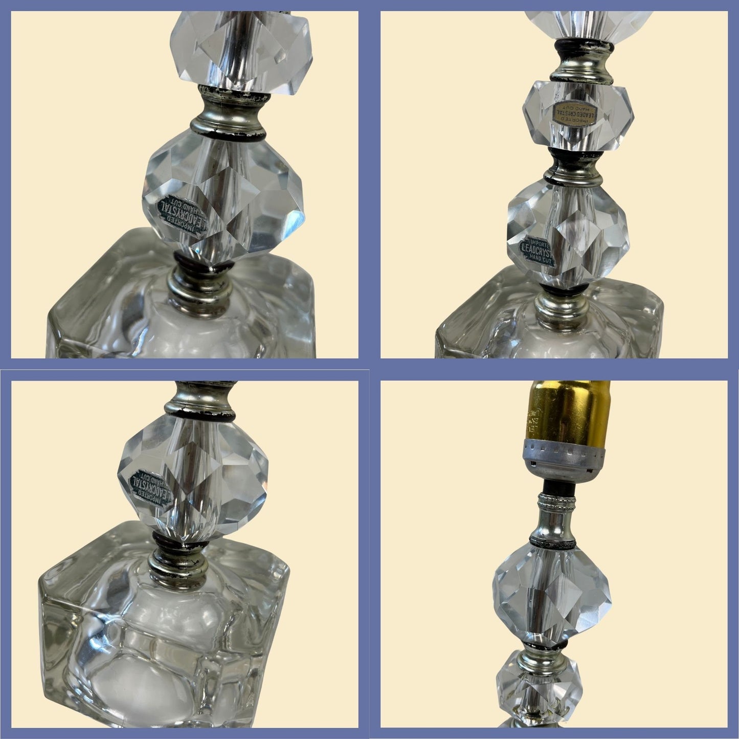 1950s vintage crystal table lamps, mid-century imported lead crystal & metal table lamp