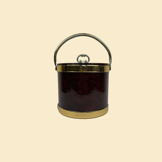 1970s ice bucket by Kraftware, vintage faux-leather brown & gold 70s ice bucket w/ handle