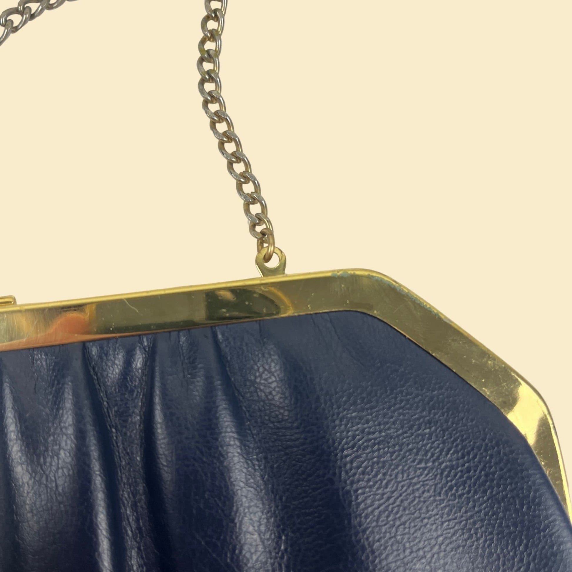 1970s blue leather handbag, vintage 70s soft leather clutch bag w/ chainlink shoulder strap