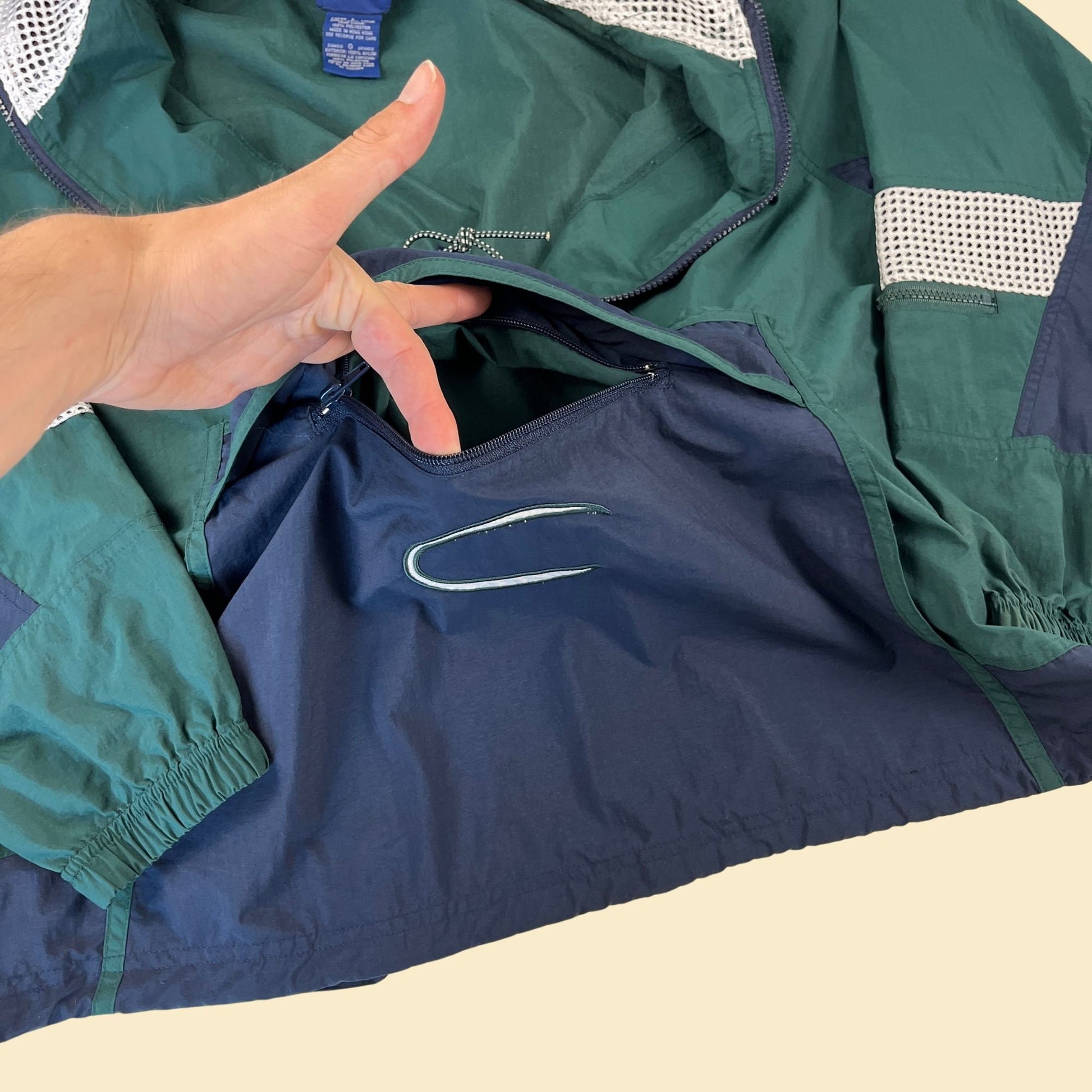 Vintage 90s windbreaker by Catalina, 1990s size L blue & green hooded pullover jacket w/ mesh patches