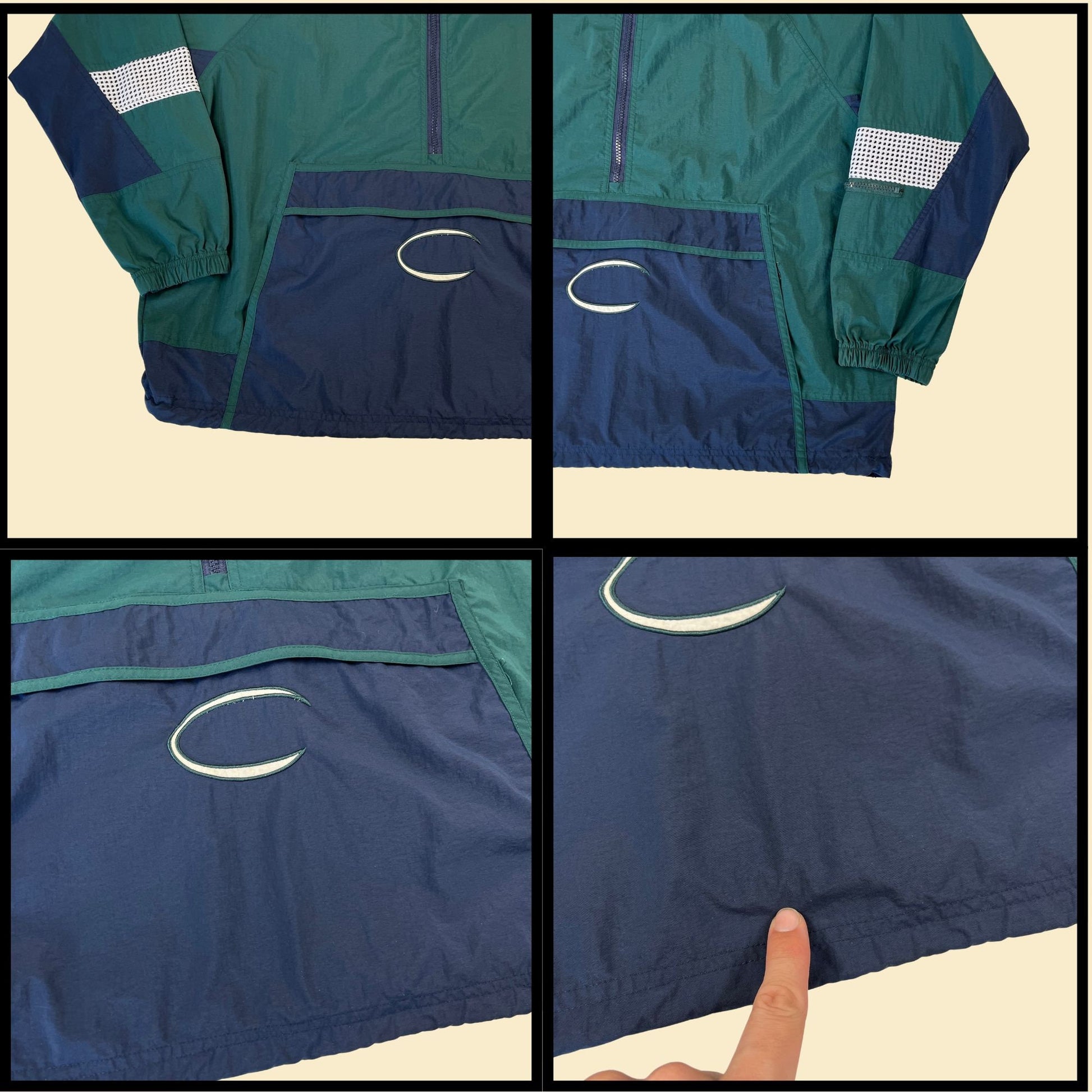 Vintage 90s windbreaker by Catalina, 1990s size L blue & green hooded pullover jacket w/ mesh patches