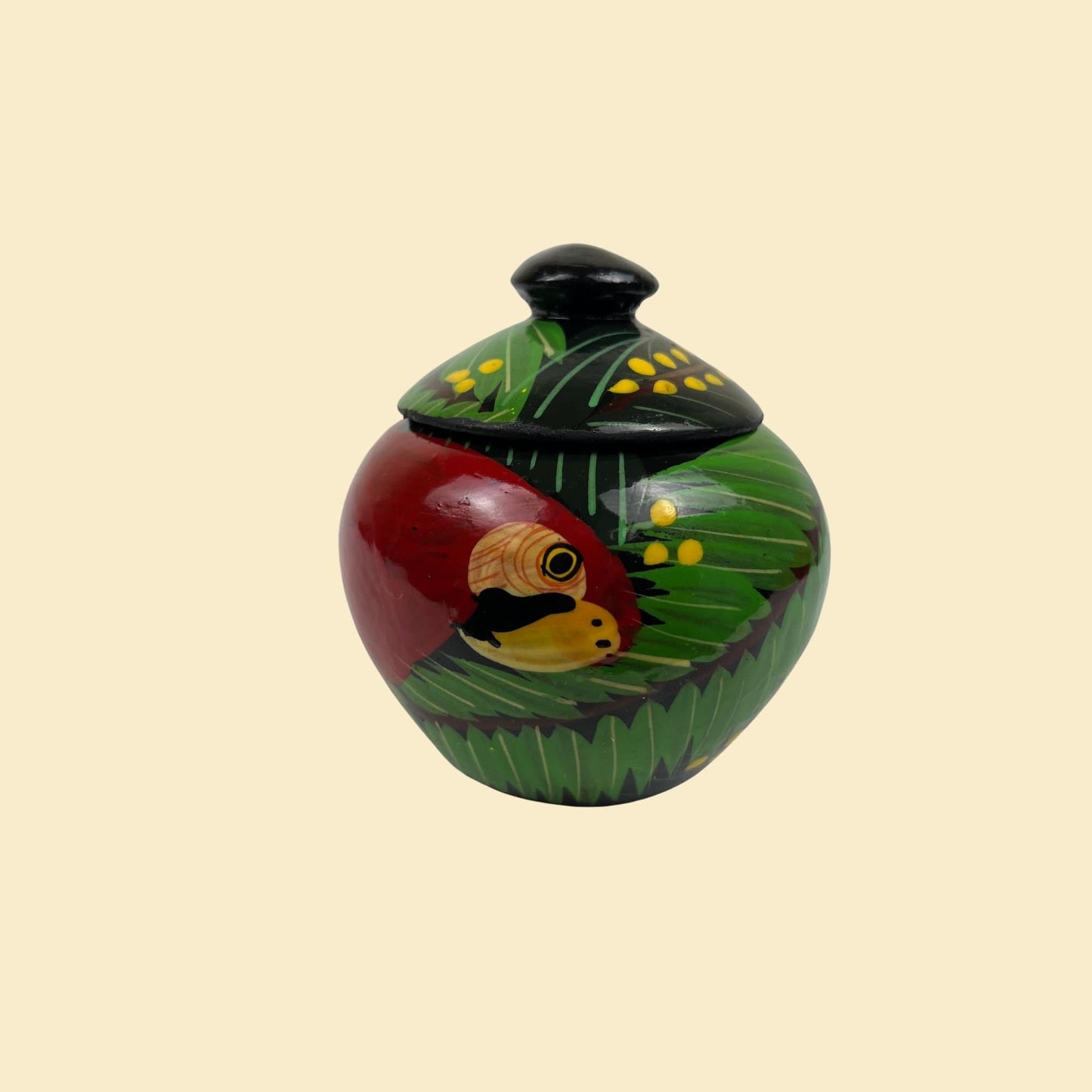 1980s hand-painted parrot jar, vintage 80s folk art miniature wooden jar w/ tropical bird design