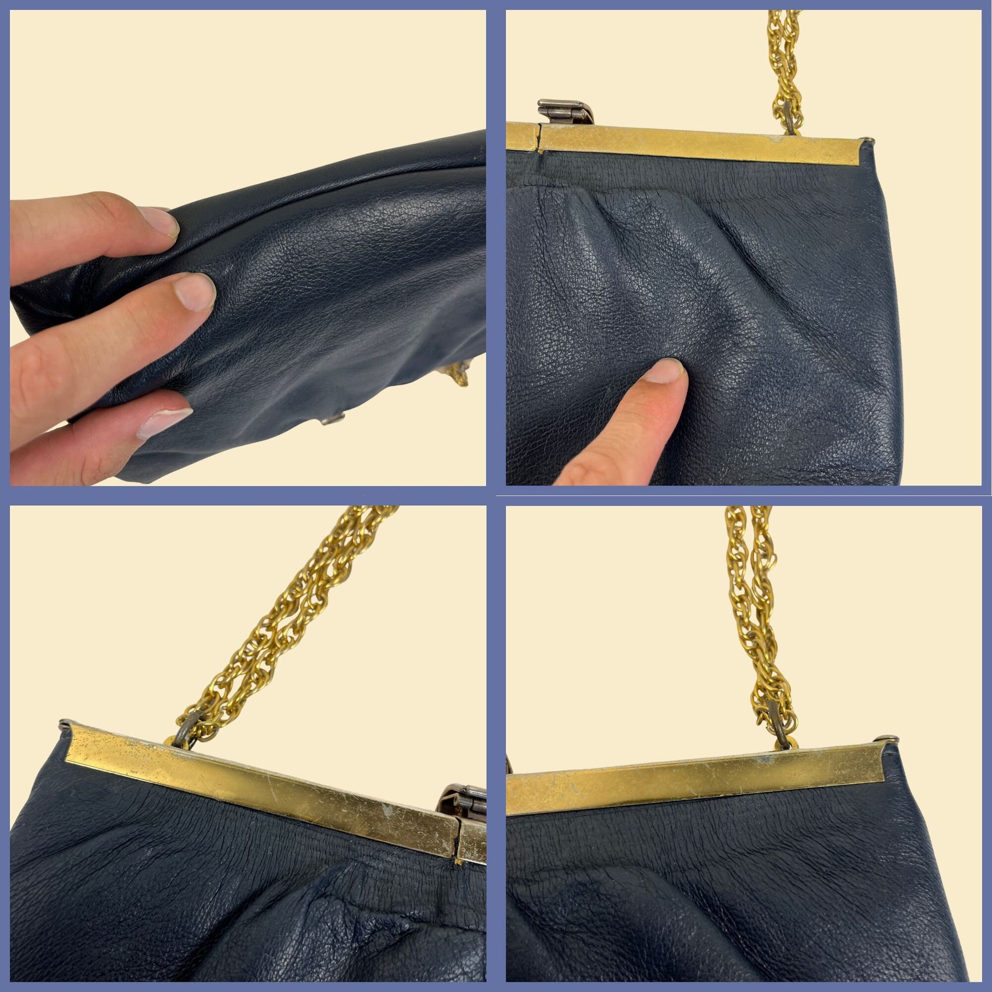 1970s blue leather handbag by Lisette Ltd., vintage 70s blue & gold-toned soft leather shoulder bag