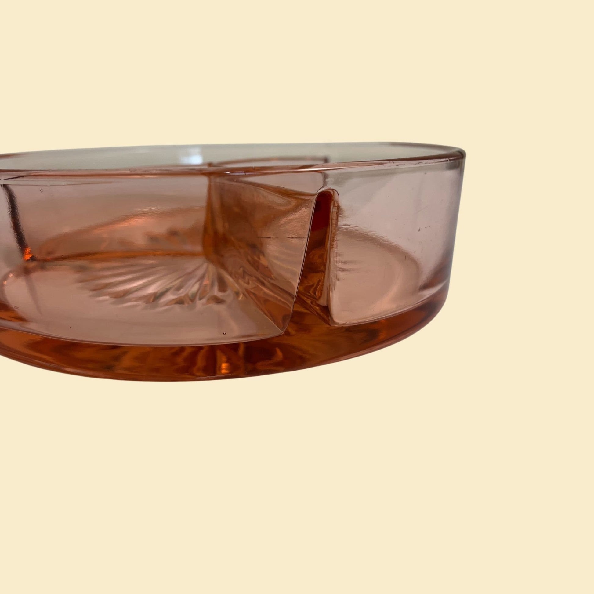 1930s pink depression glass dish, vintage divided 3-way nut/candy dish