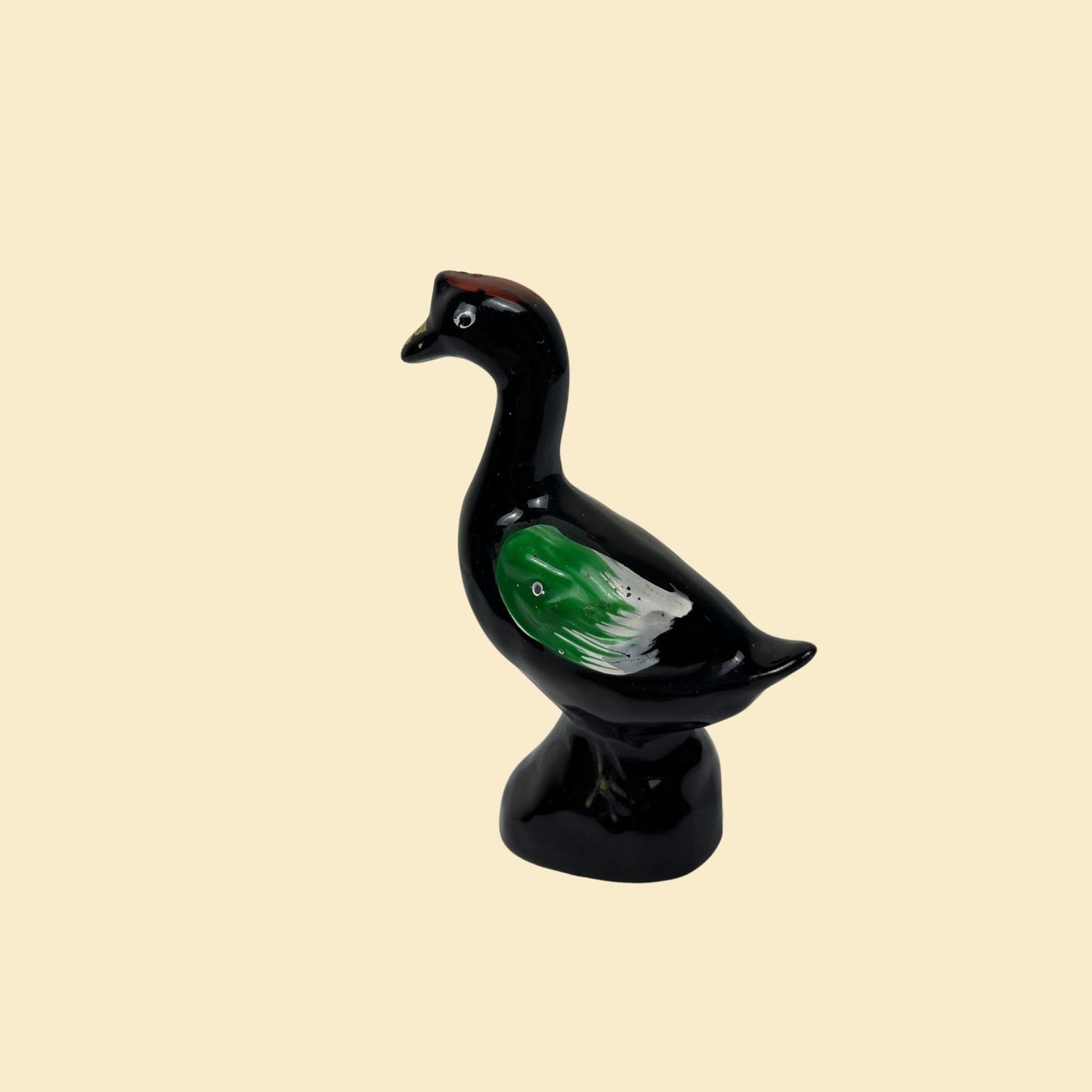 1940s ceramic bird figurine, small vintage folk art black & green bird statue