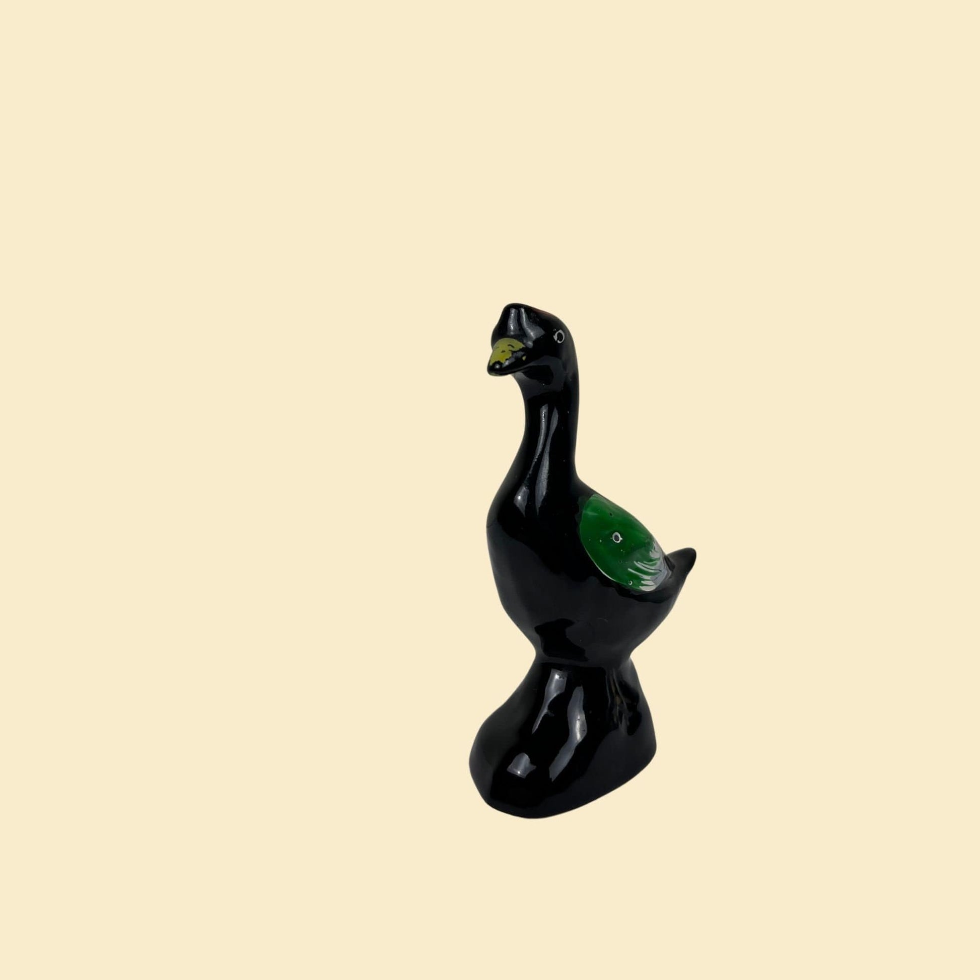 1940s ceramic bird figurine, small vintage folk art black & green bird statue