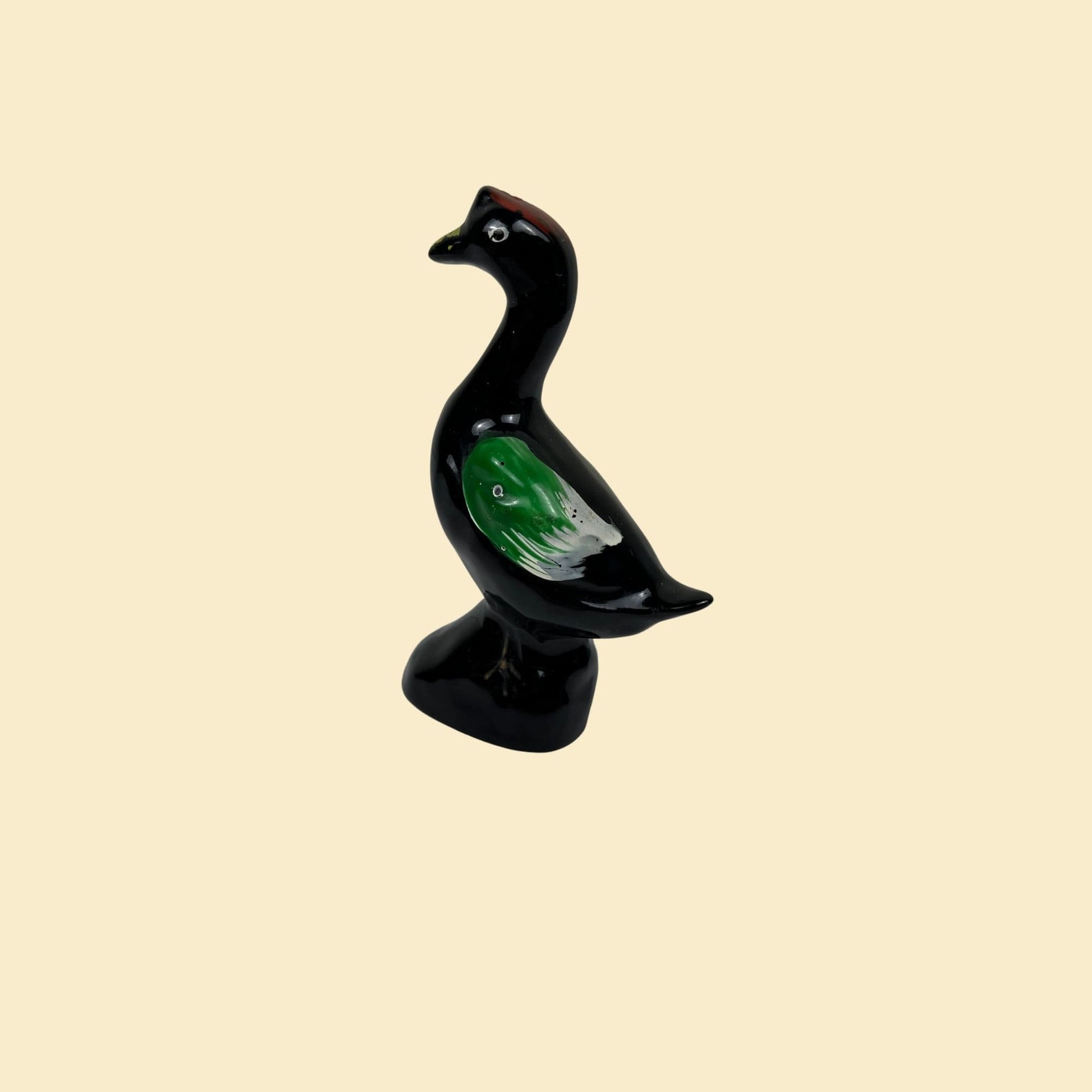 1940s ceramic bird figurine, small vintage folk art black & green bird statue