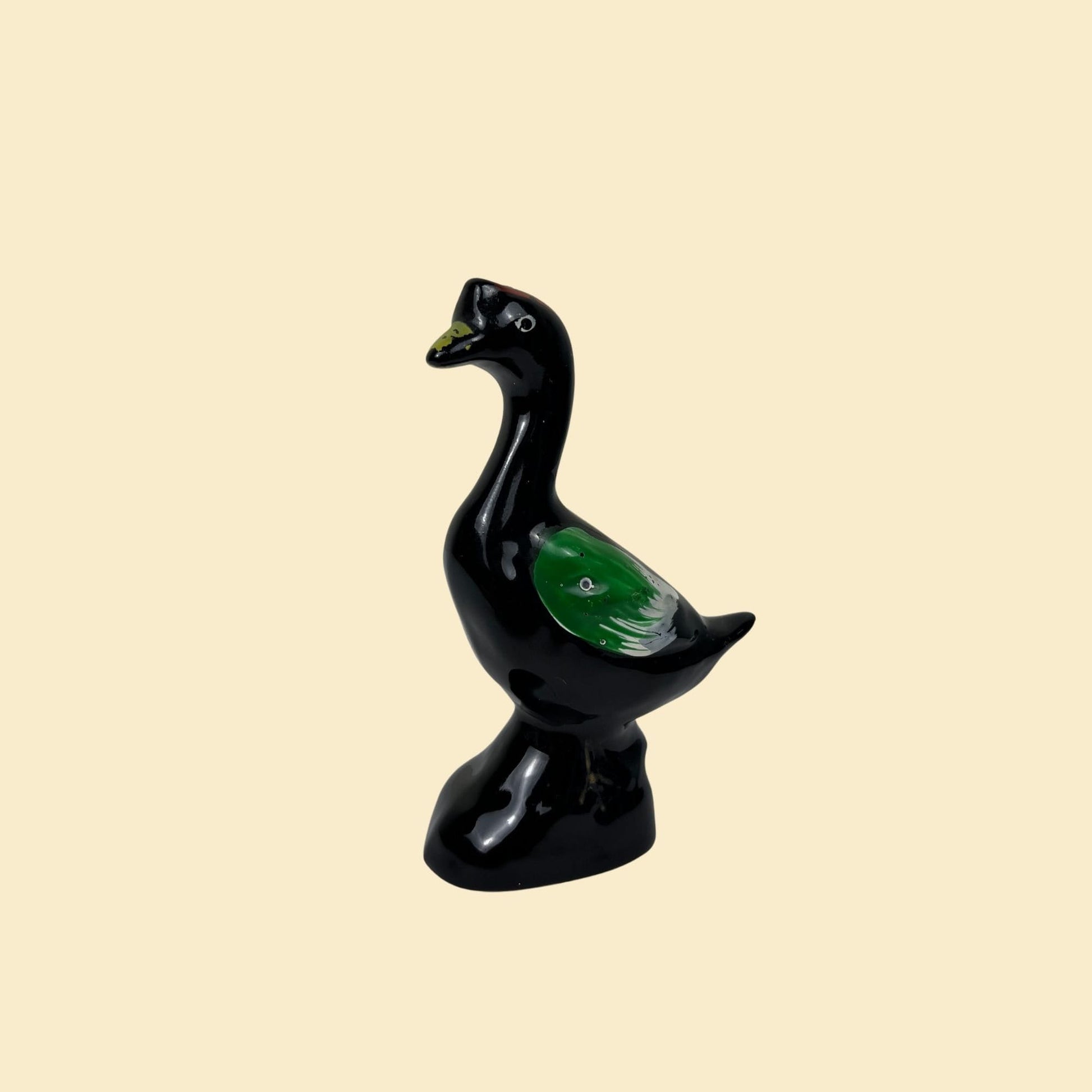 1940s ceramic bird figurine, small vintage folk art black & green bird statue