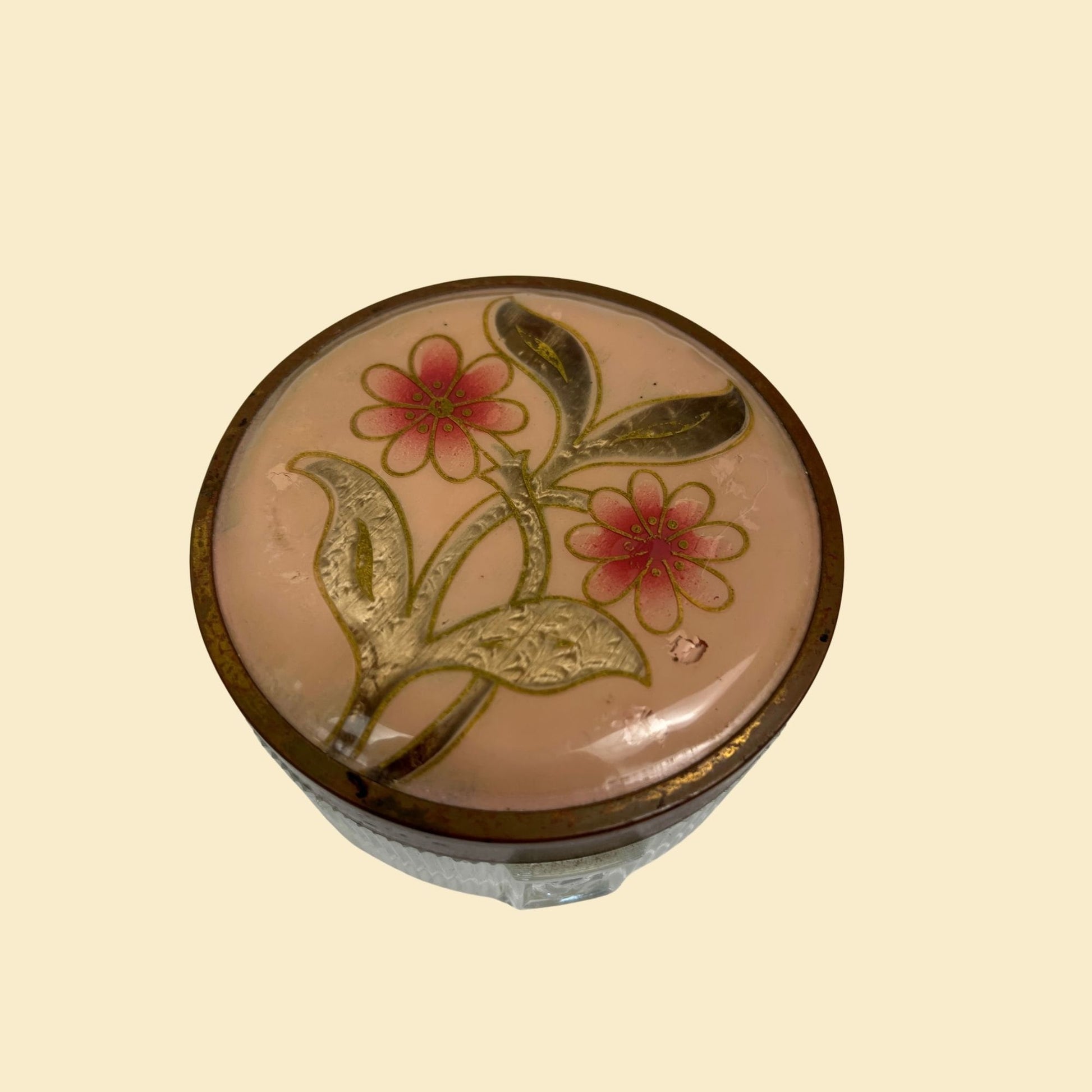 1940s glass vanity jar, vintage floral circular dresser top jar, depression era powder jar