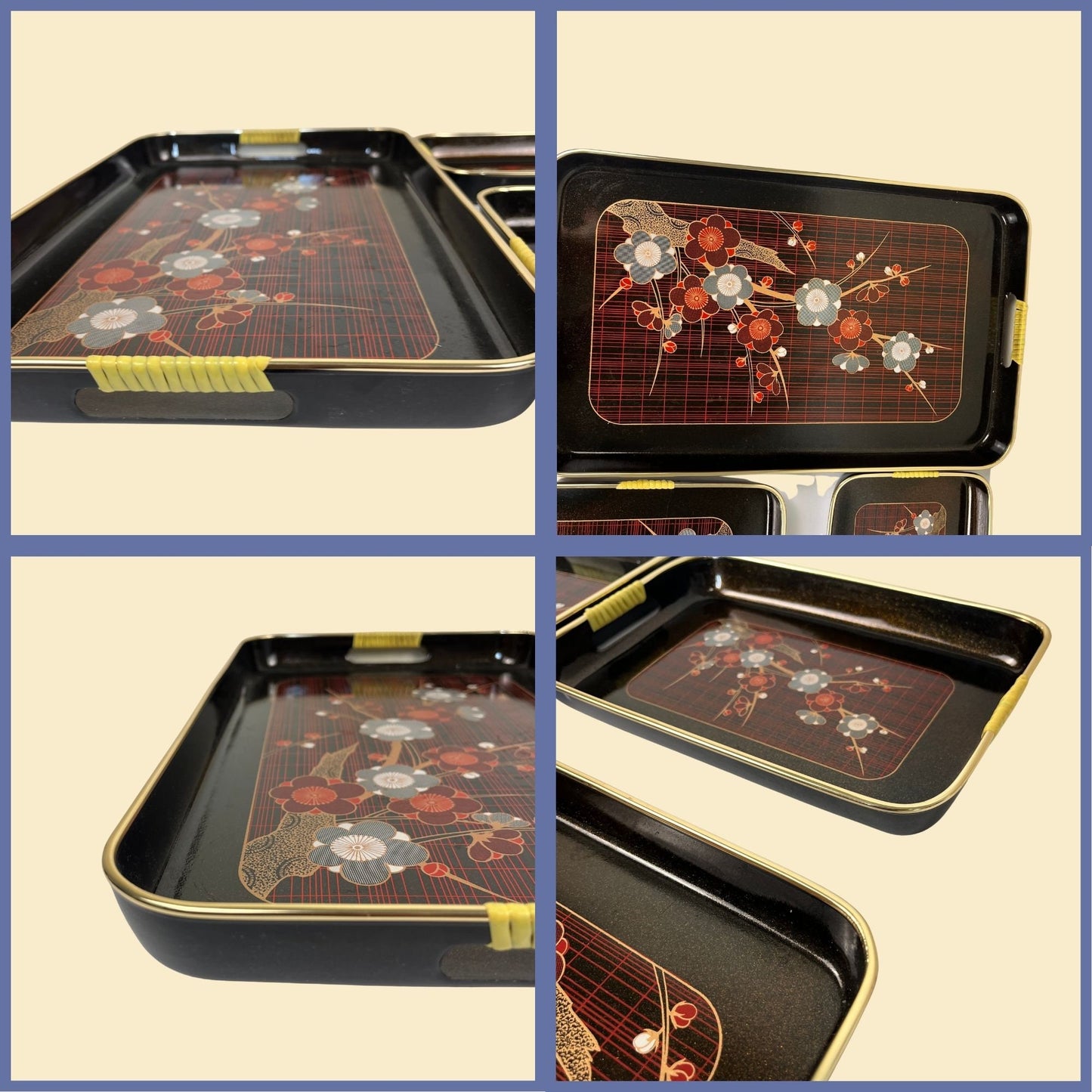 1970s lacquer cherry blossom trays, vintage set of 3 lacquered decorative floral black, burgundy & gold trays