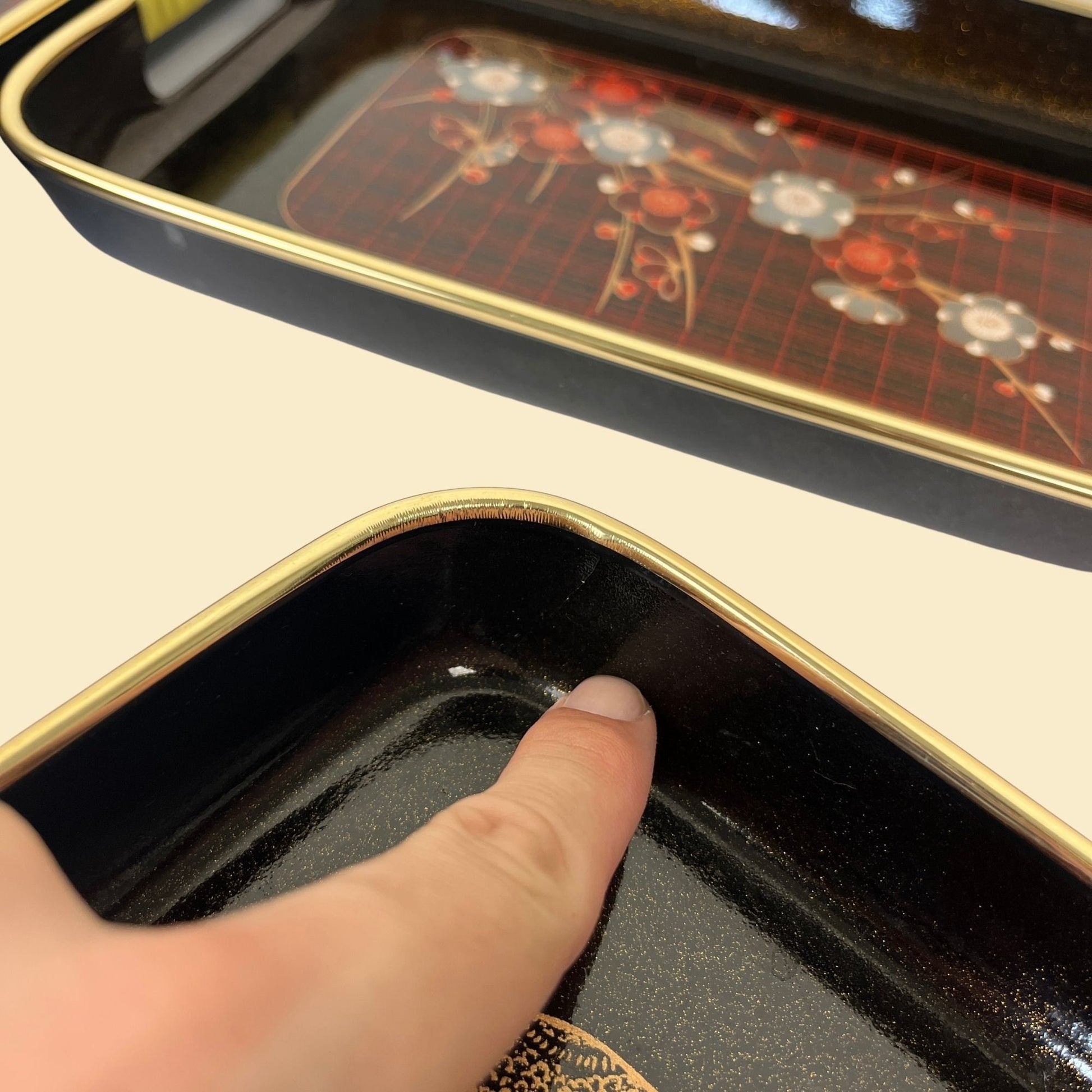 1970s lacquer cherry blossom trays, vintage set of 3 lacquered decorative floral black, burgundy & gold trays