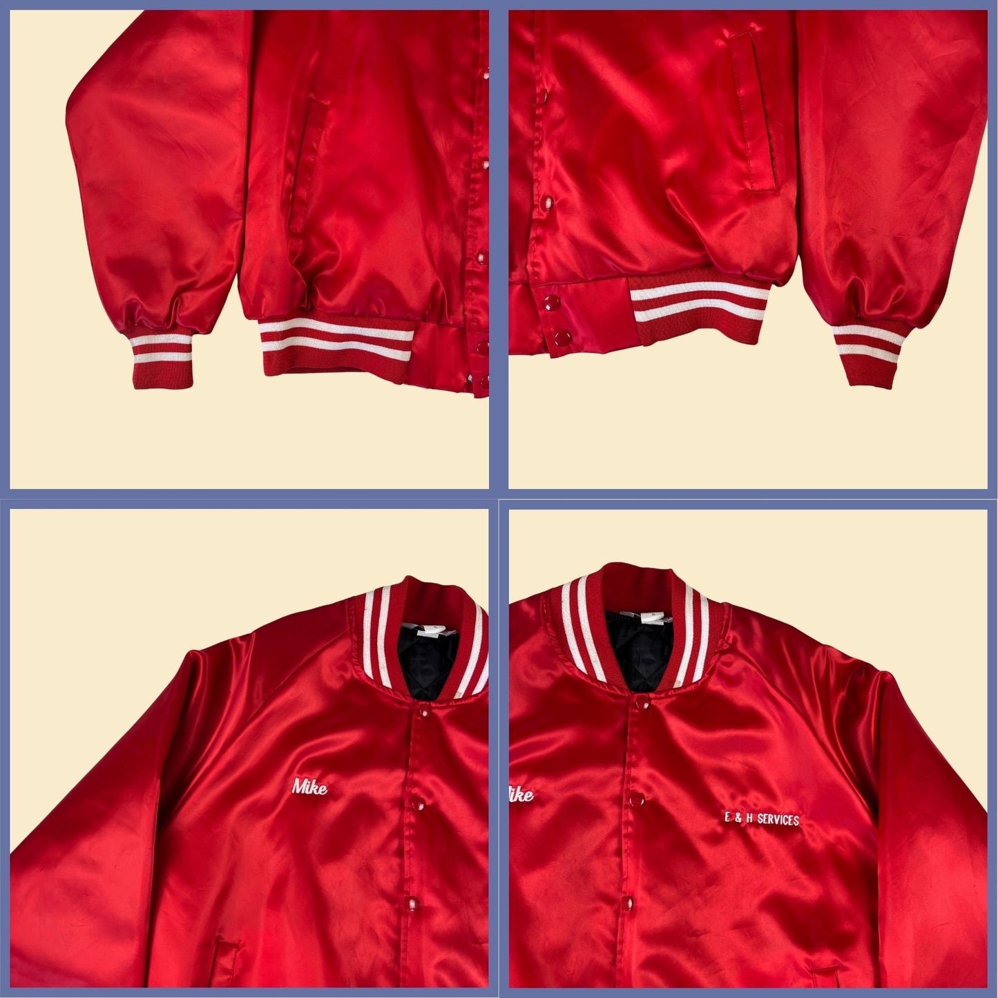 Vintage 1980s red jacket, "Mike" embroidery 80s workwear snap clasp red & white jacket w/ quilted lining