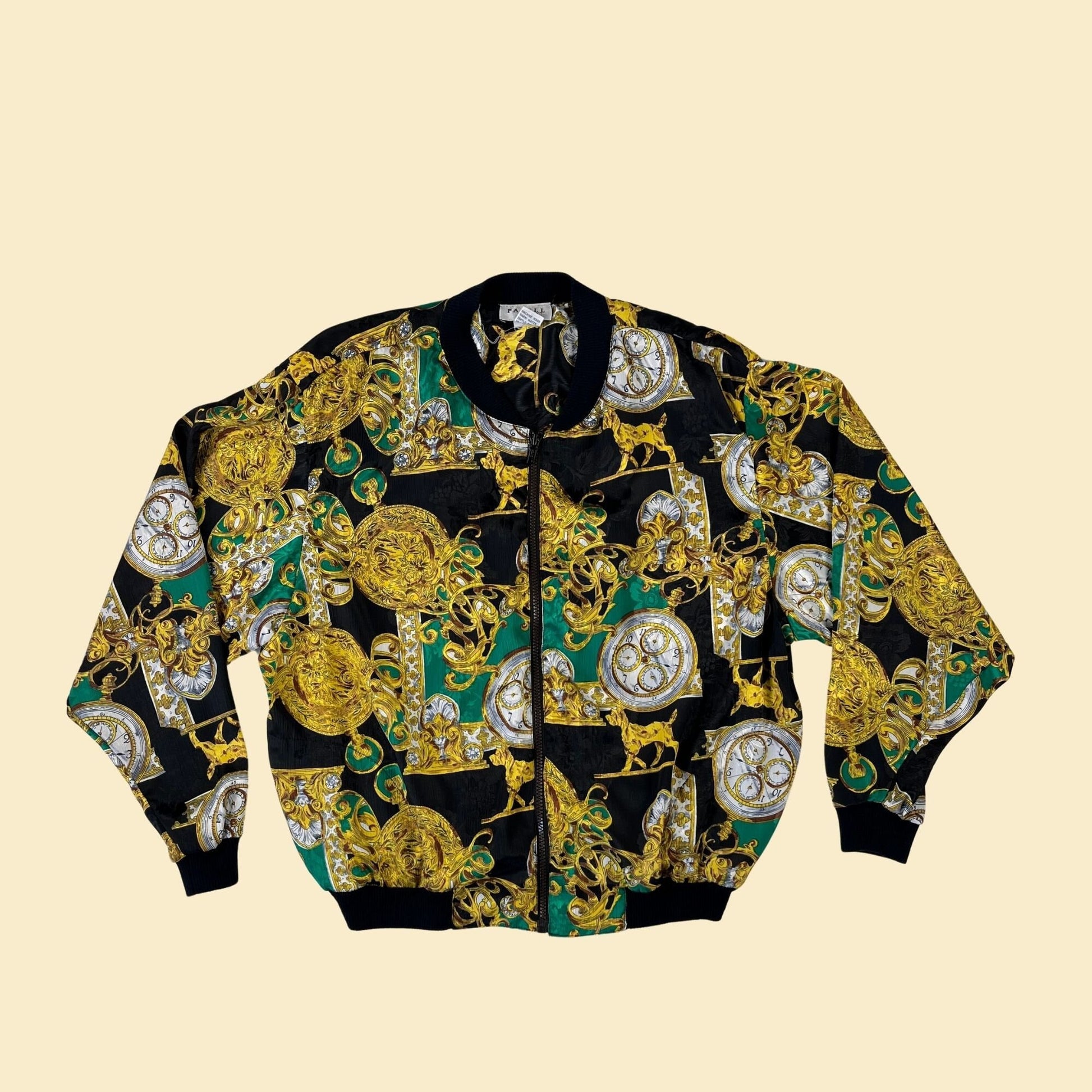 90 black & gold windbreaker jacket, ornate 1990s women's baroque track jacket