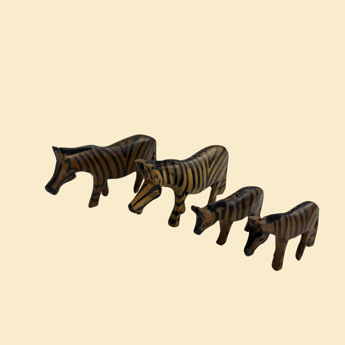 1980s mini zebra statues, set of 4 vintage wooden zebra beads