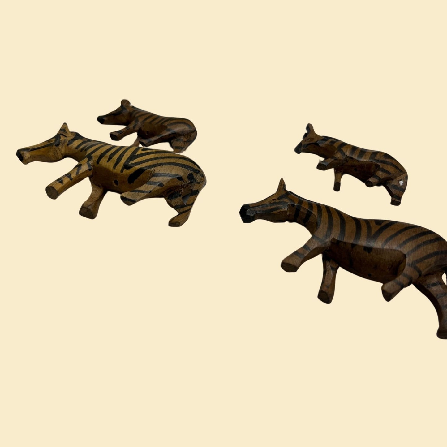 1980s mini zebra statues, set of 4 vintage wooden zebra beads