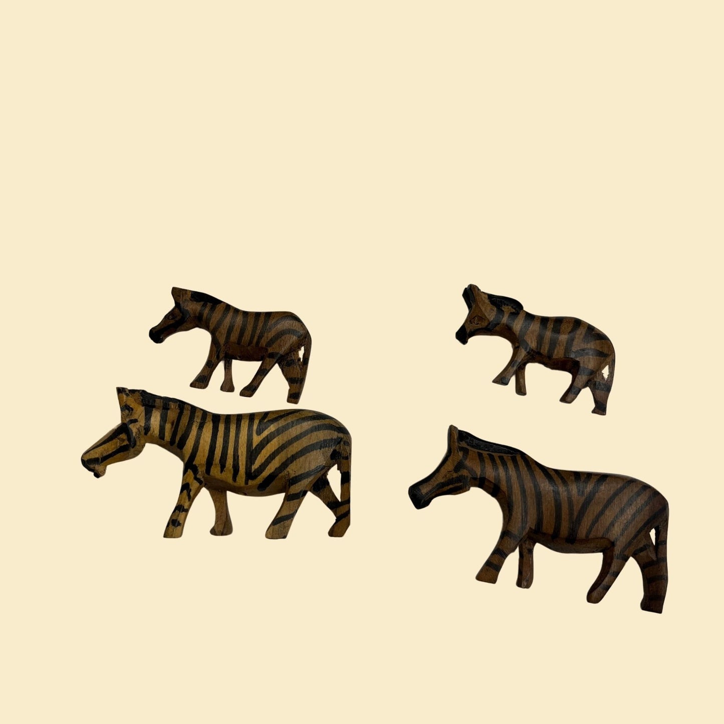 1980s mini zebra statues, set of 4 vintage wooden zebra beads