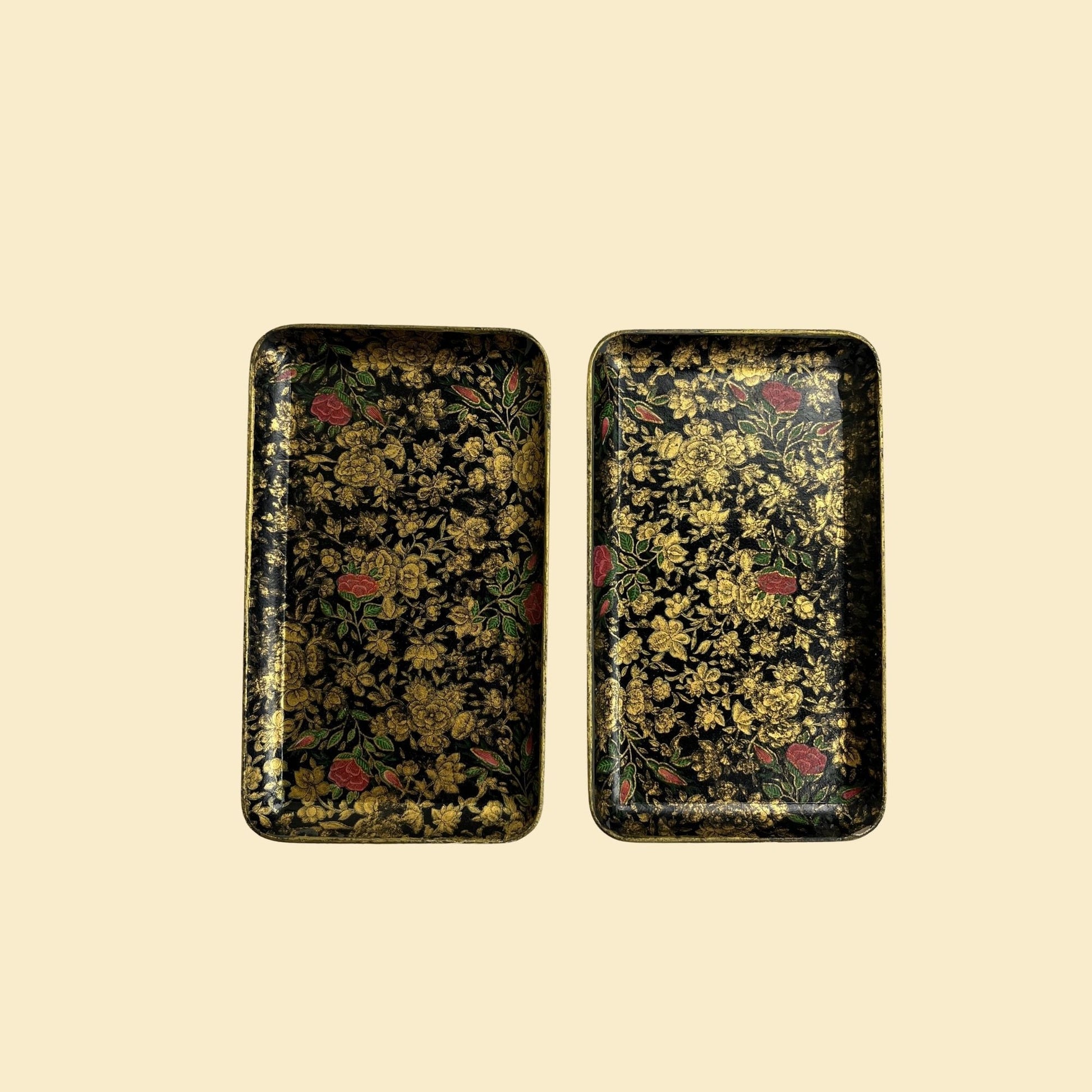 1970s floral paper mache trays, set of 2 flower patterned black, gold & pink catch all dresser or desk trays