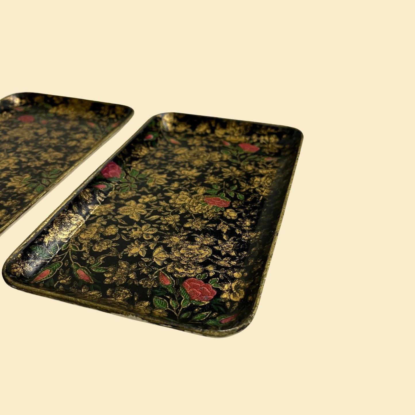 1970s floral paper mache trays, set of 2 flower patterned black, gold & pink catch all dresser or desk trays