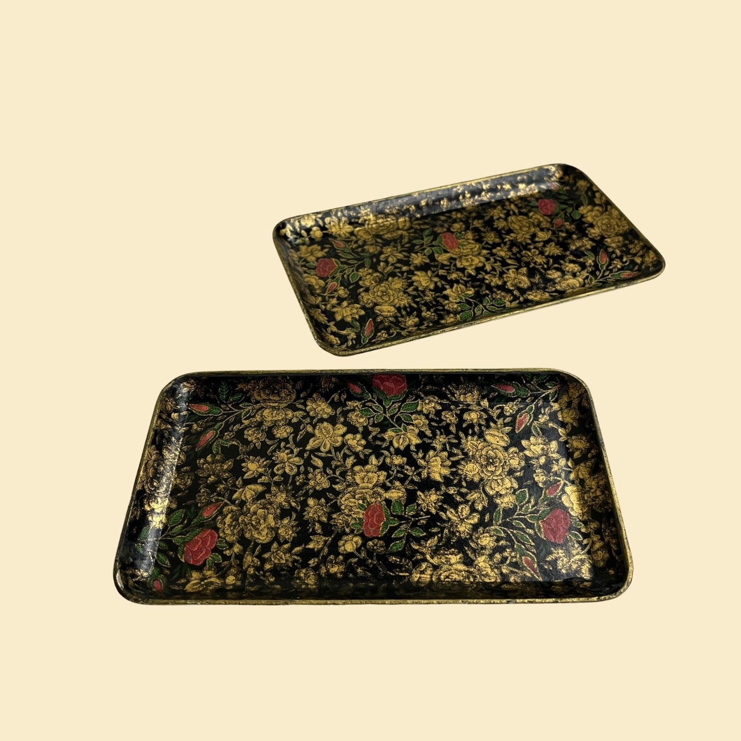 1970s floral paper mache trays, set of 2 flower patterned black, gold & pink catch all dresser or desk trays