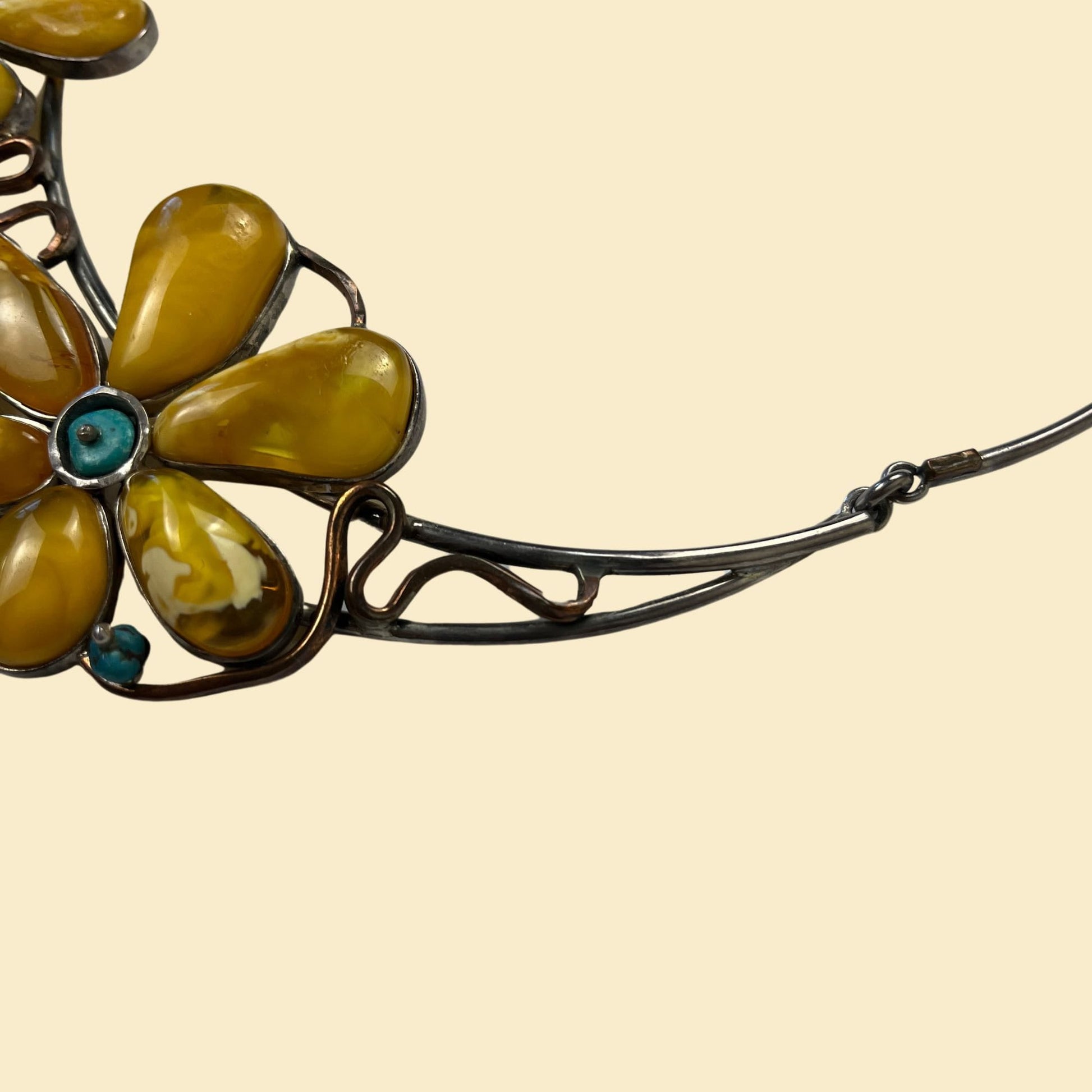 1980s floral collar necklace, vintage 80s yellow & turquoise structured metal flower necklace