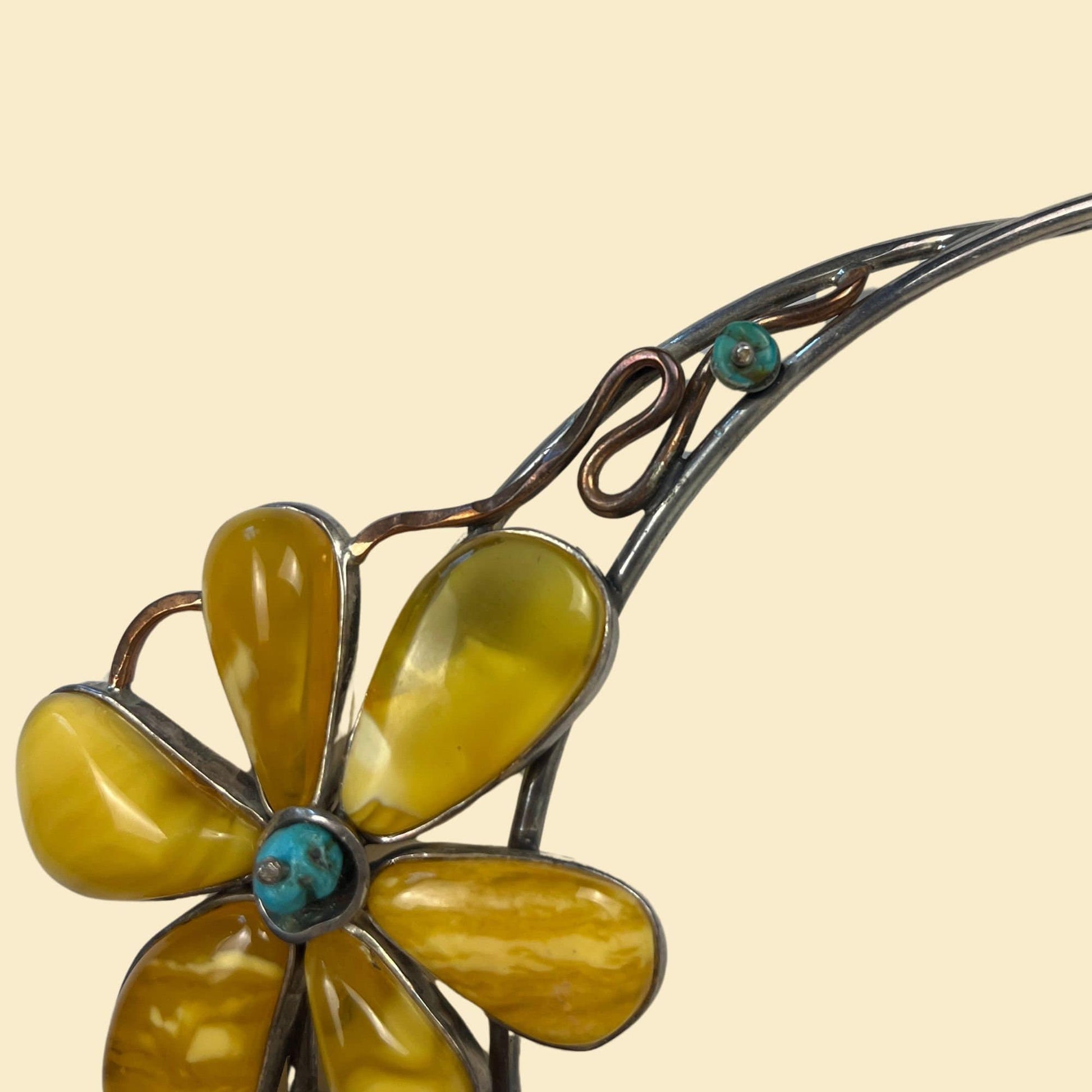 1980s floral collar necklace, vintage 80s yellow & turquoise structured metal flower necklace