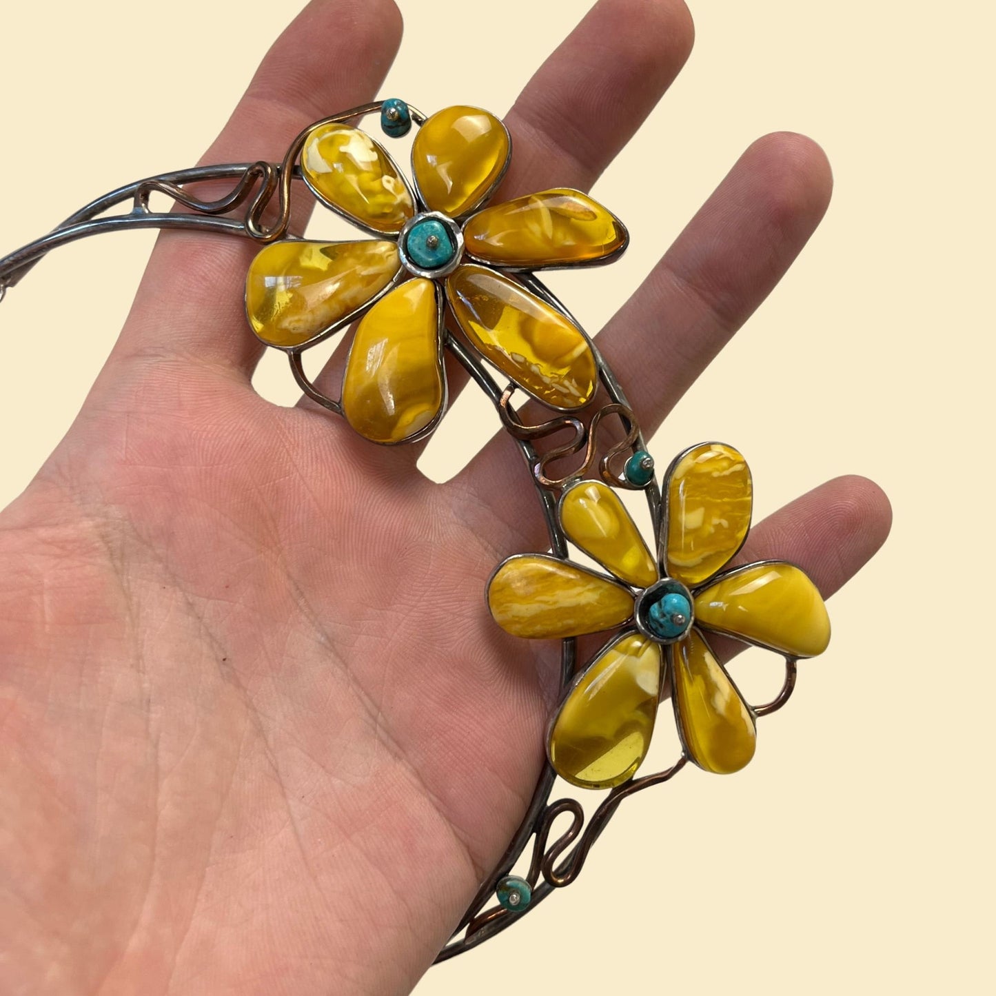 1980s floral collar necklace, vintage 80s yellow & turquoise structured metal flower necklace