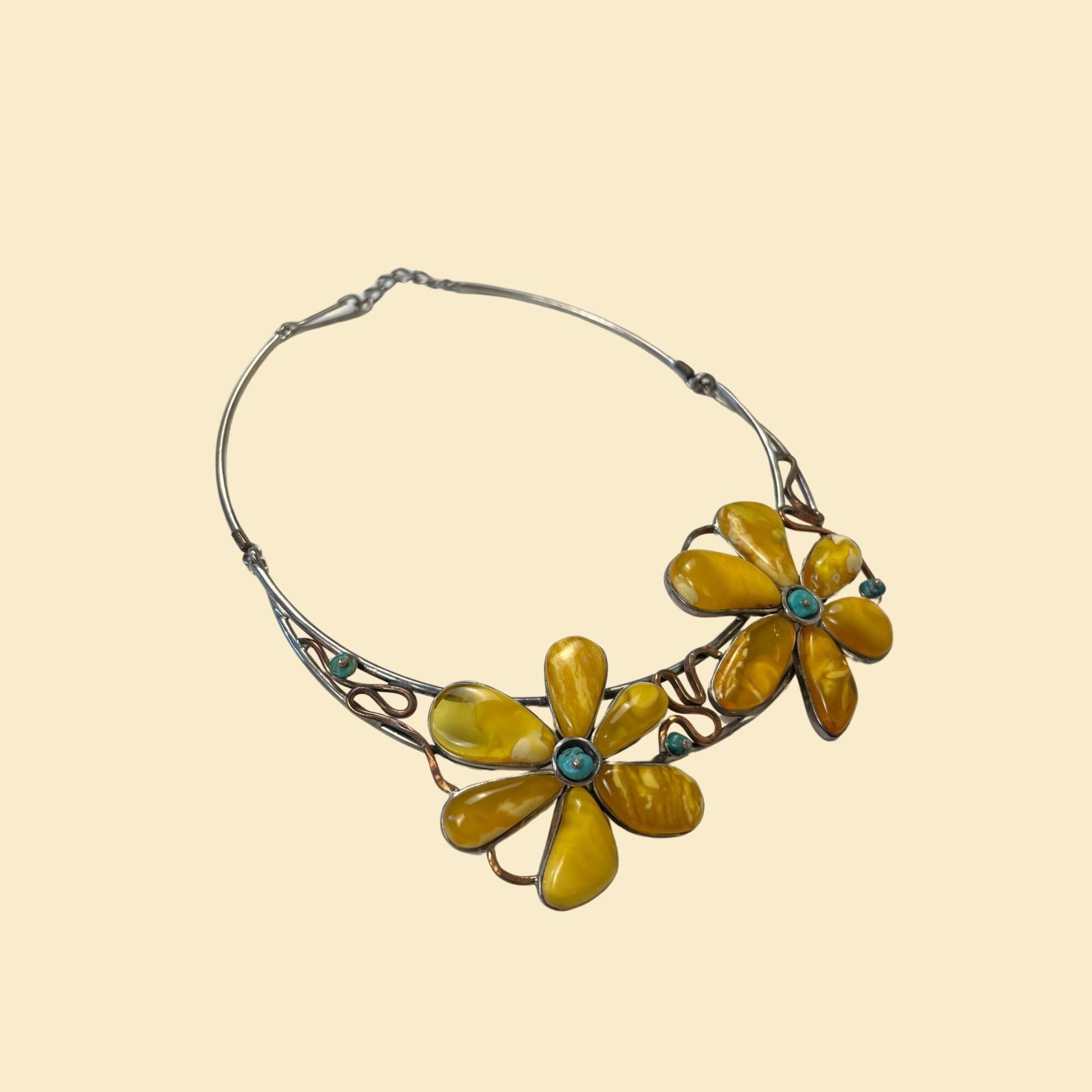 1980s floral collar necklace, vintage 80s yellow & turquoise structured metal flower necklace