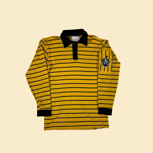 1970s Wheels of Man black & yellow 'Bumblebee' men's shirt, vintage 70s men's casual long sleeve striped polo