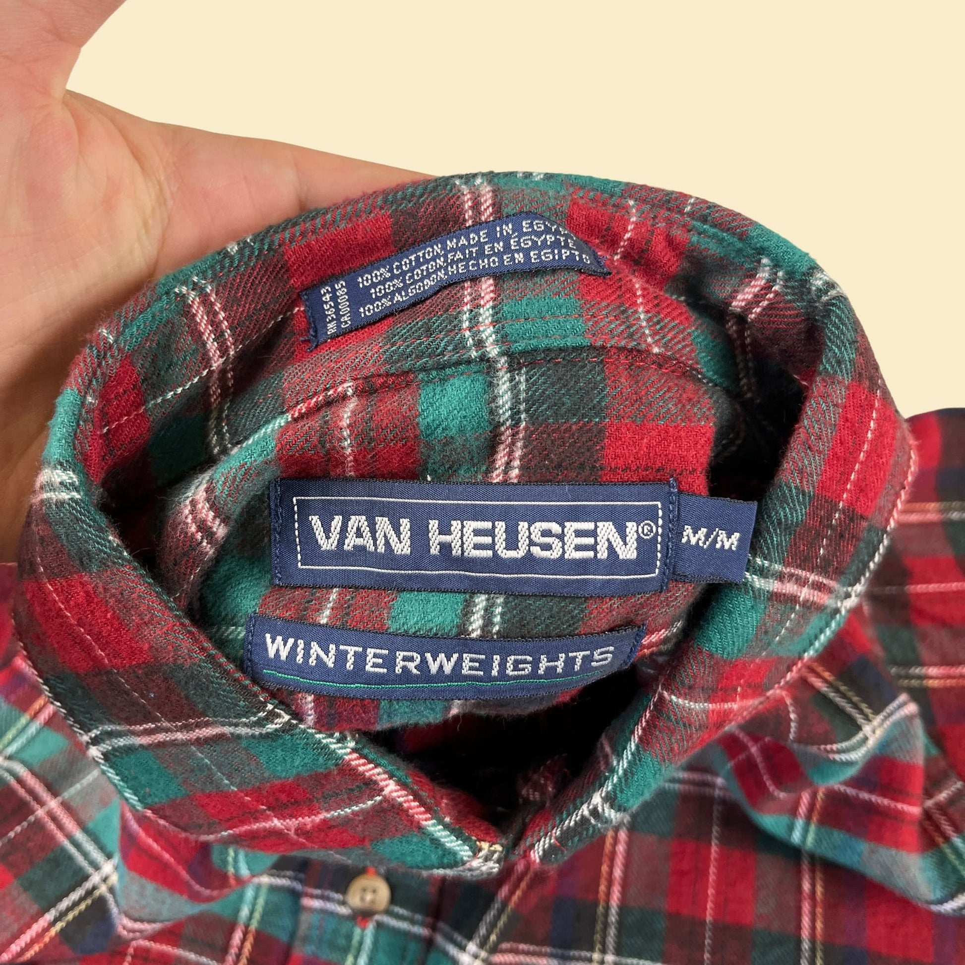 Vintage 90s plaid M flannel shirt, men's green & red 1990s button down cotton flannel by Van Heusen Winterweights