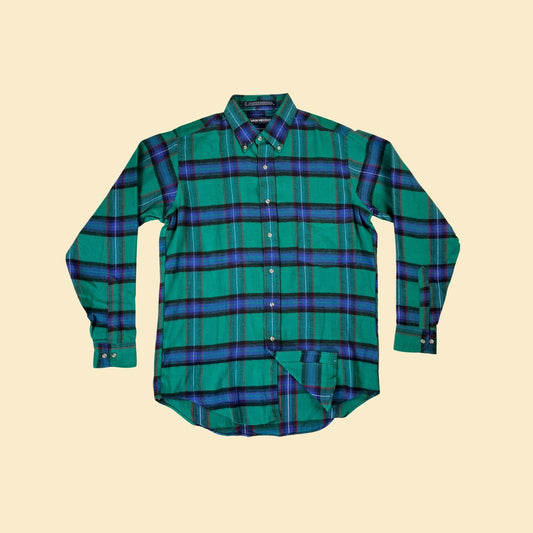 1990s plaid M flannel shirt, men's vintage green & blue 90s button down cotton flannel by Van Heusen Winterweights