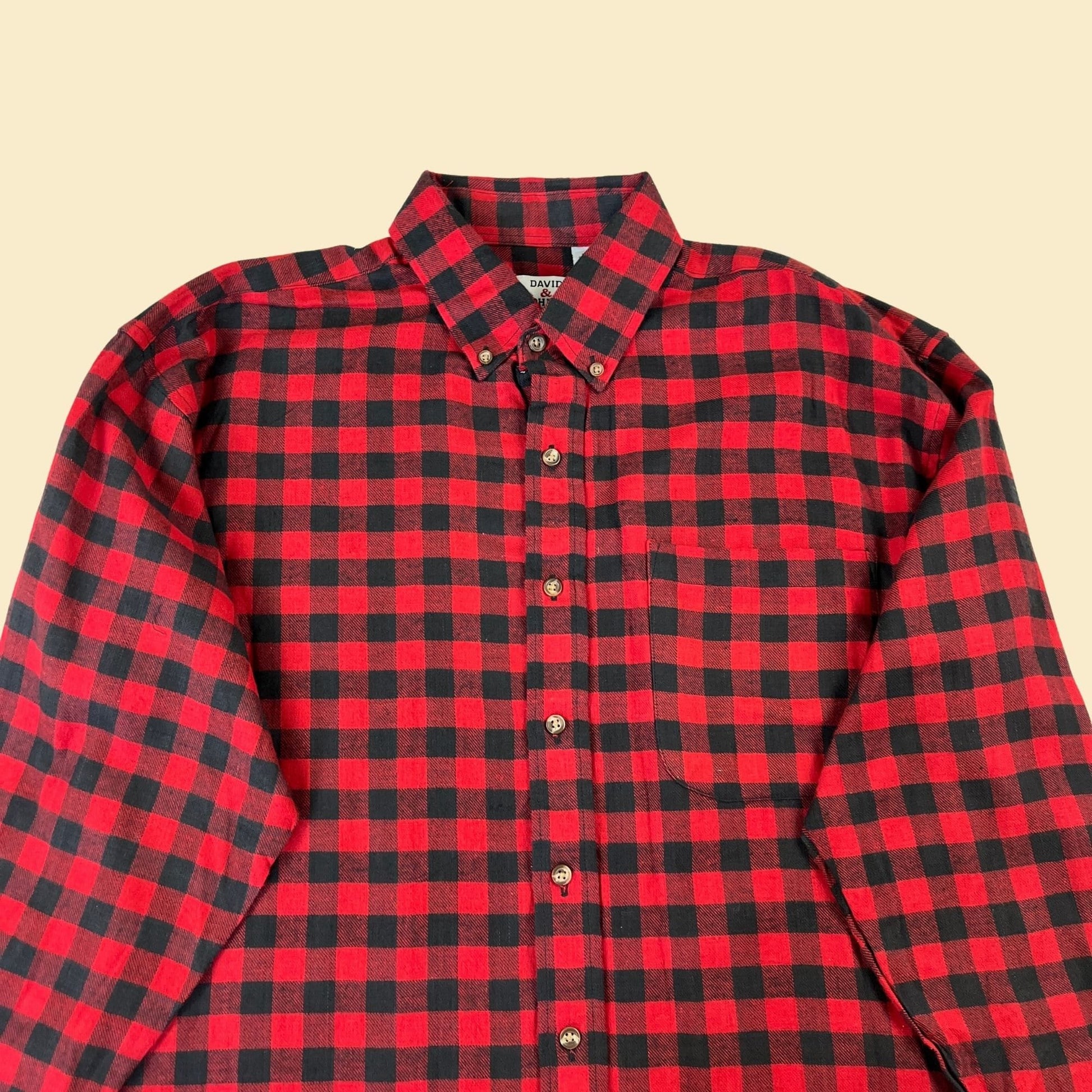 90s M red/black flannel by David & Johnny, vintage 1990s men's long sleeve casual button down