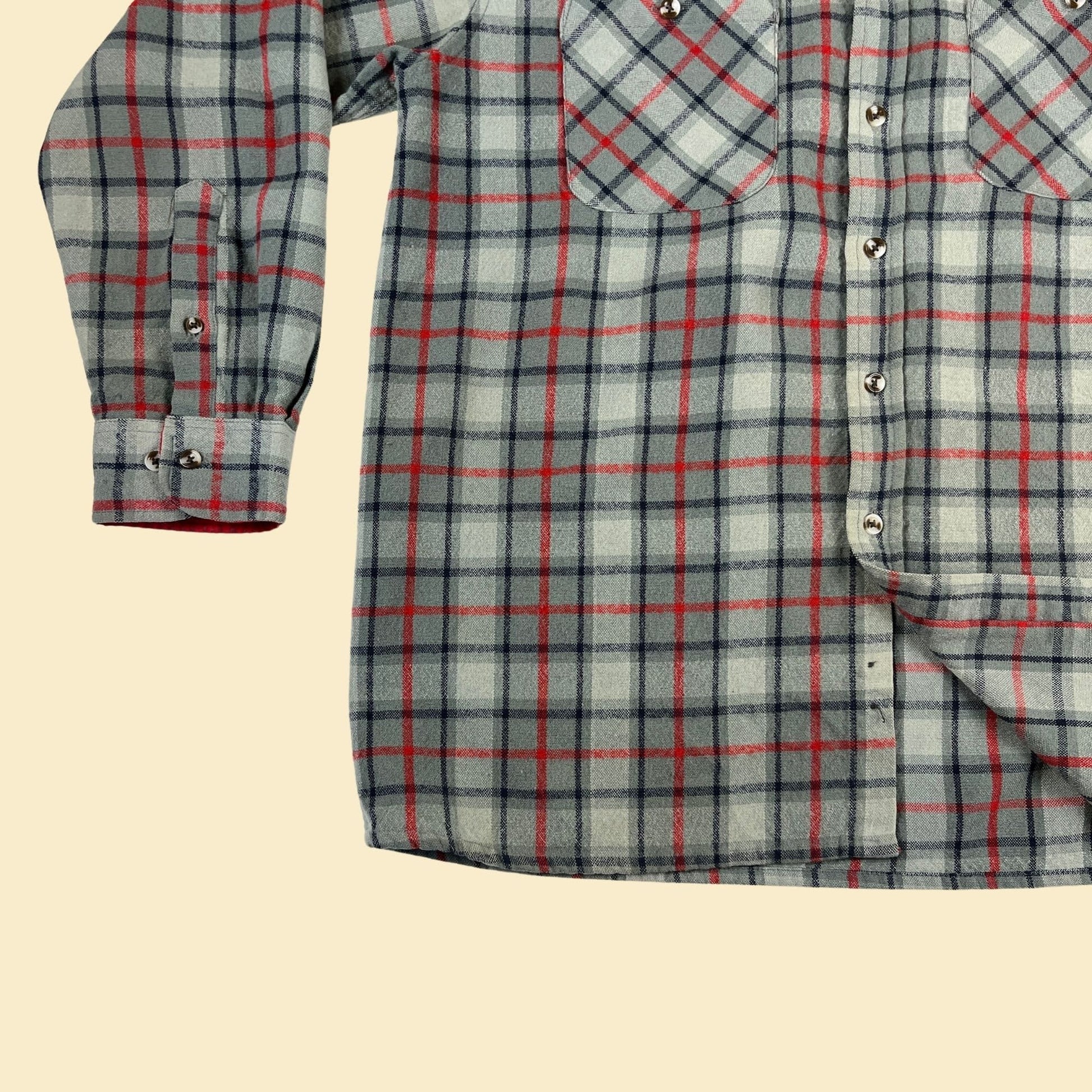 1980s grey flannel shirt by John Blair, vintage 80s grey, blue & red acrylic/polyester men's button down