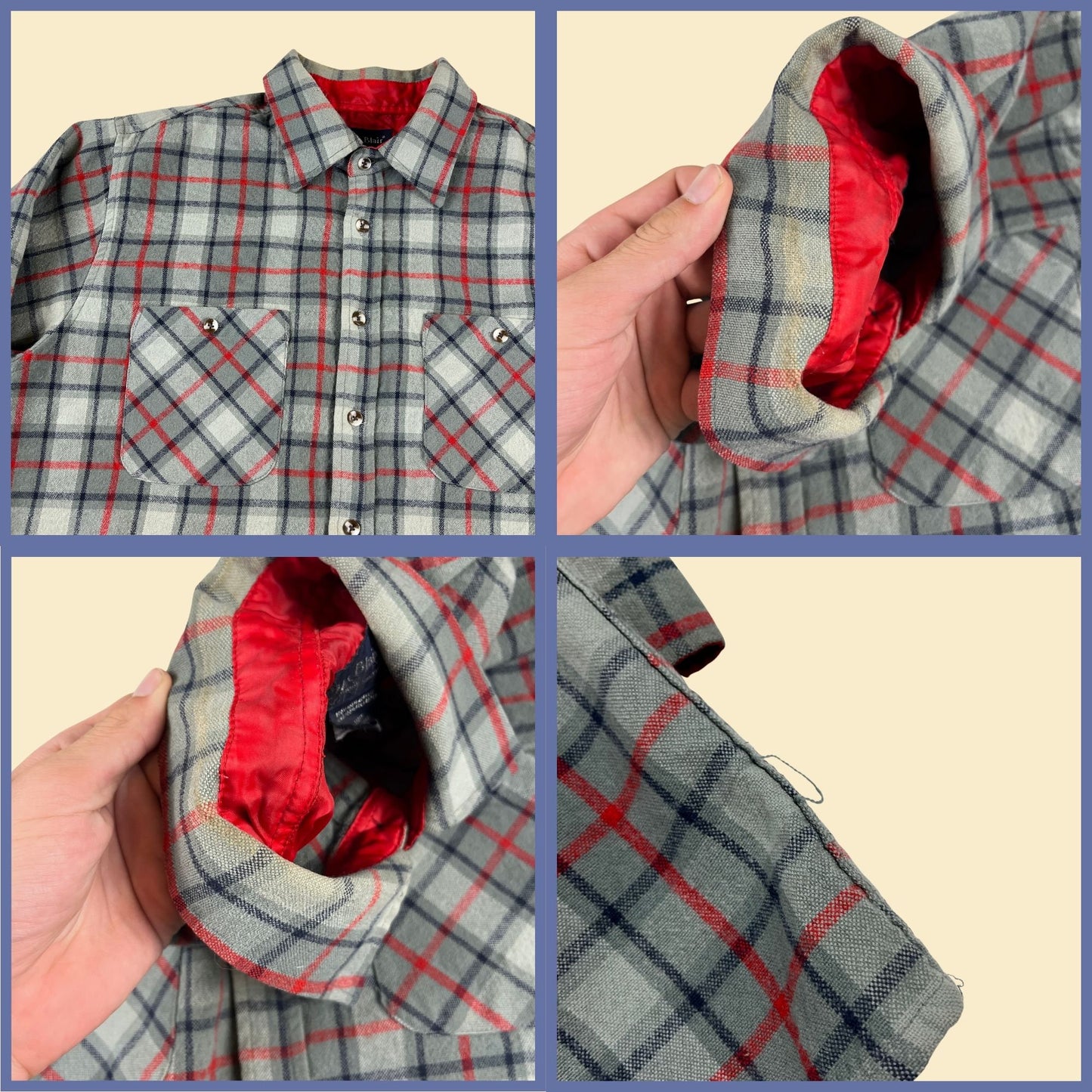 1980s grey flannel shirt by John Blair, vintage 80s grey, blue & red acrylic/polyester men's button down