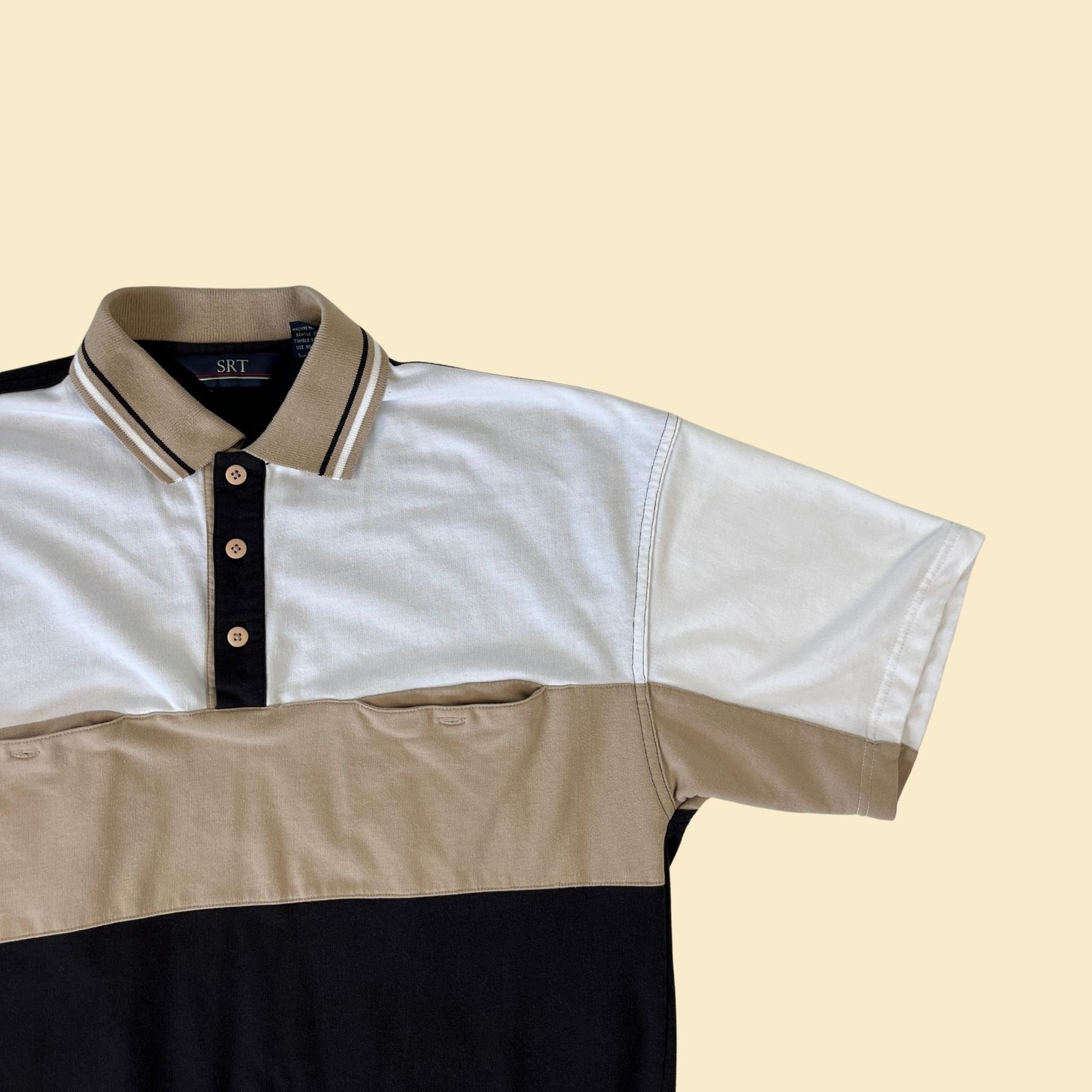 90s men's polo shirt, size L vintage color block black & beige golf shirt