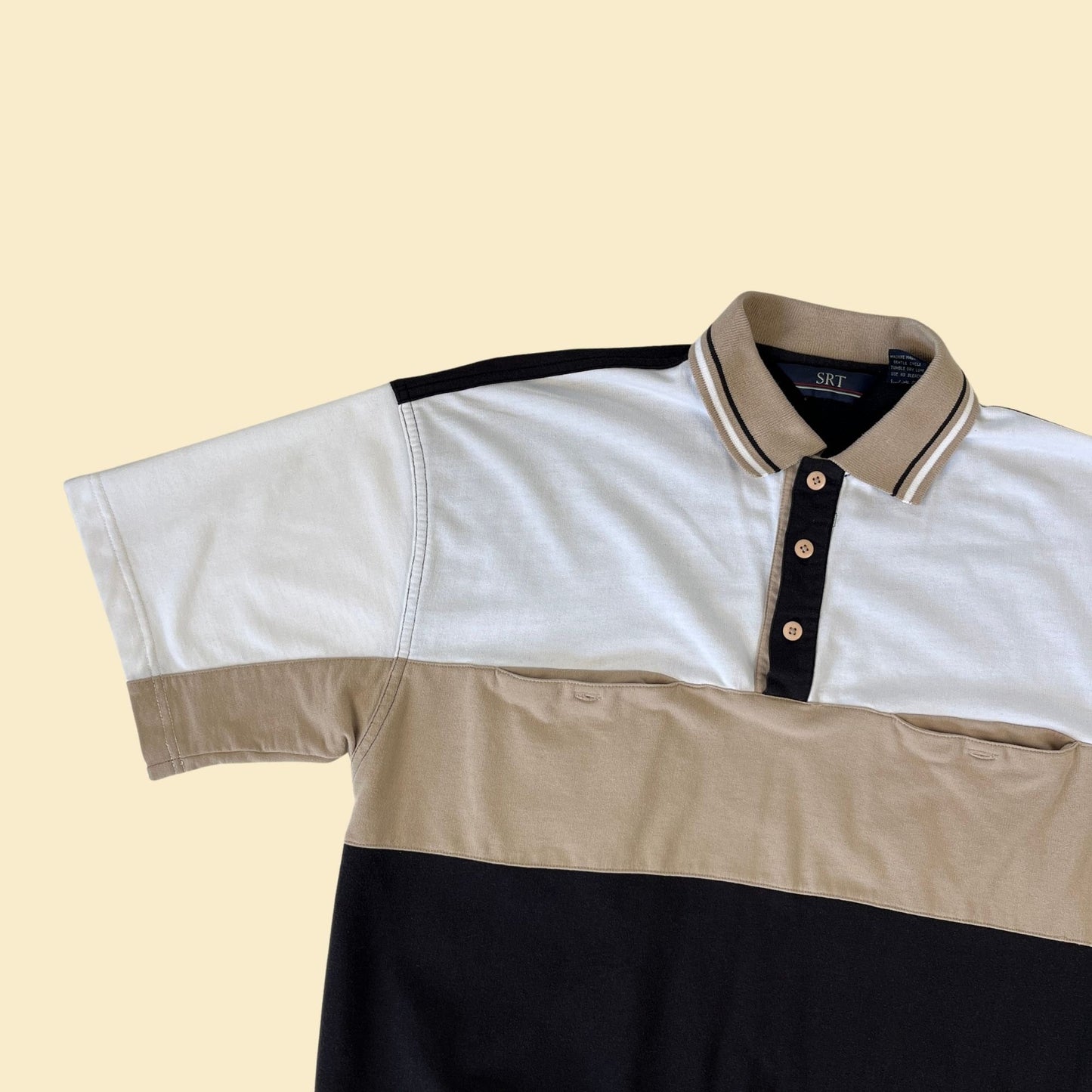 90s men's polo shirt, size L vintage color block black & beige golf shirt