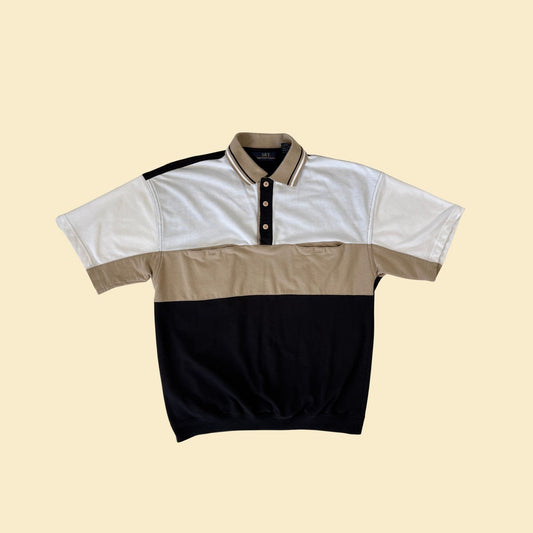 90s men's polo shirt, size L vintage color block black & beige golf shirt