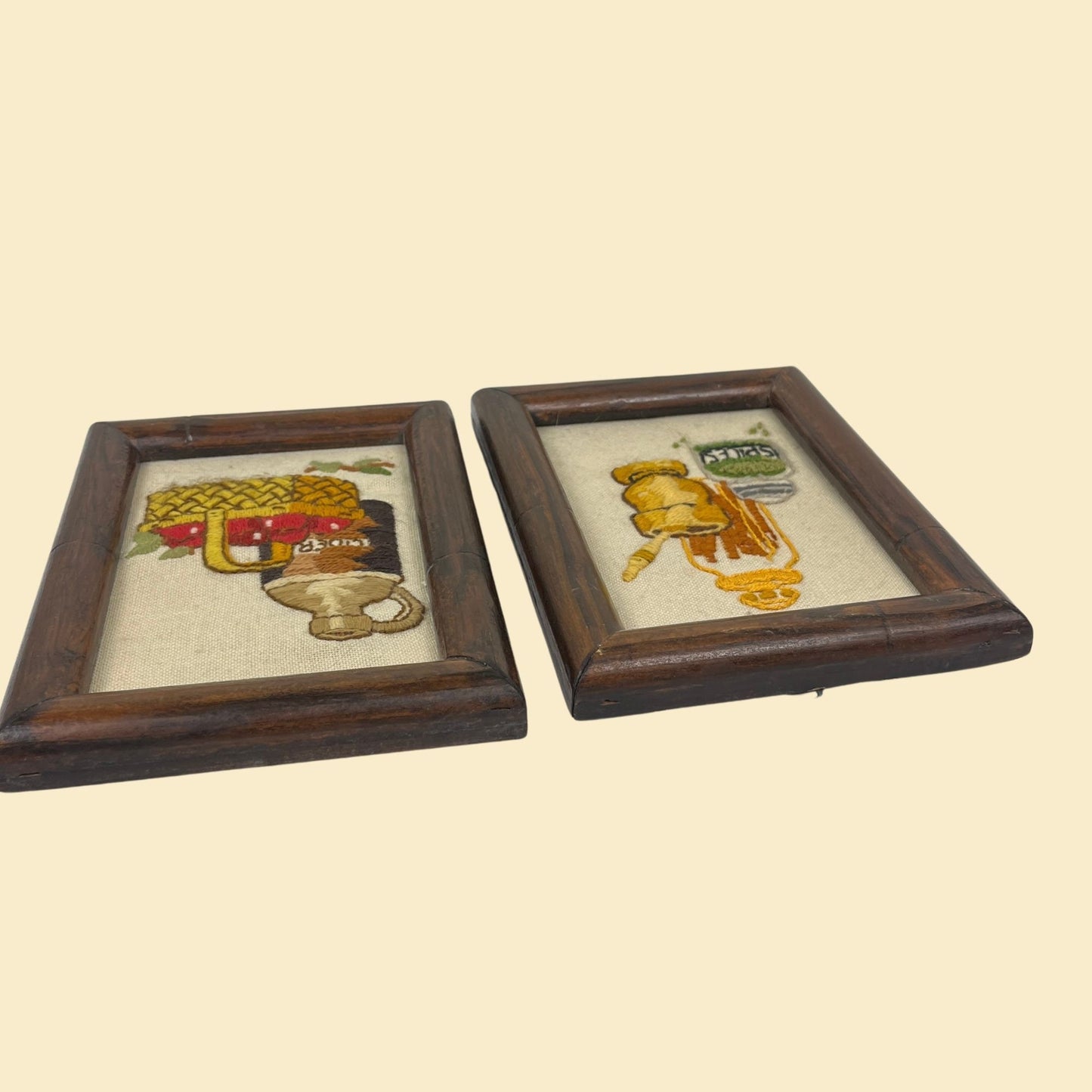 Set of vintage crewel art frames w/ apples & spices, 1970s farmhouse gallery wall art, 70s crewel embroidery art