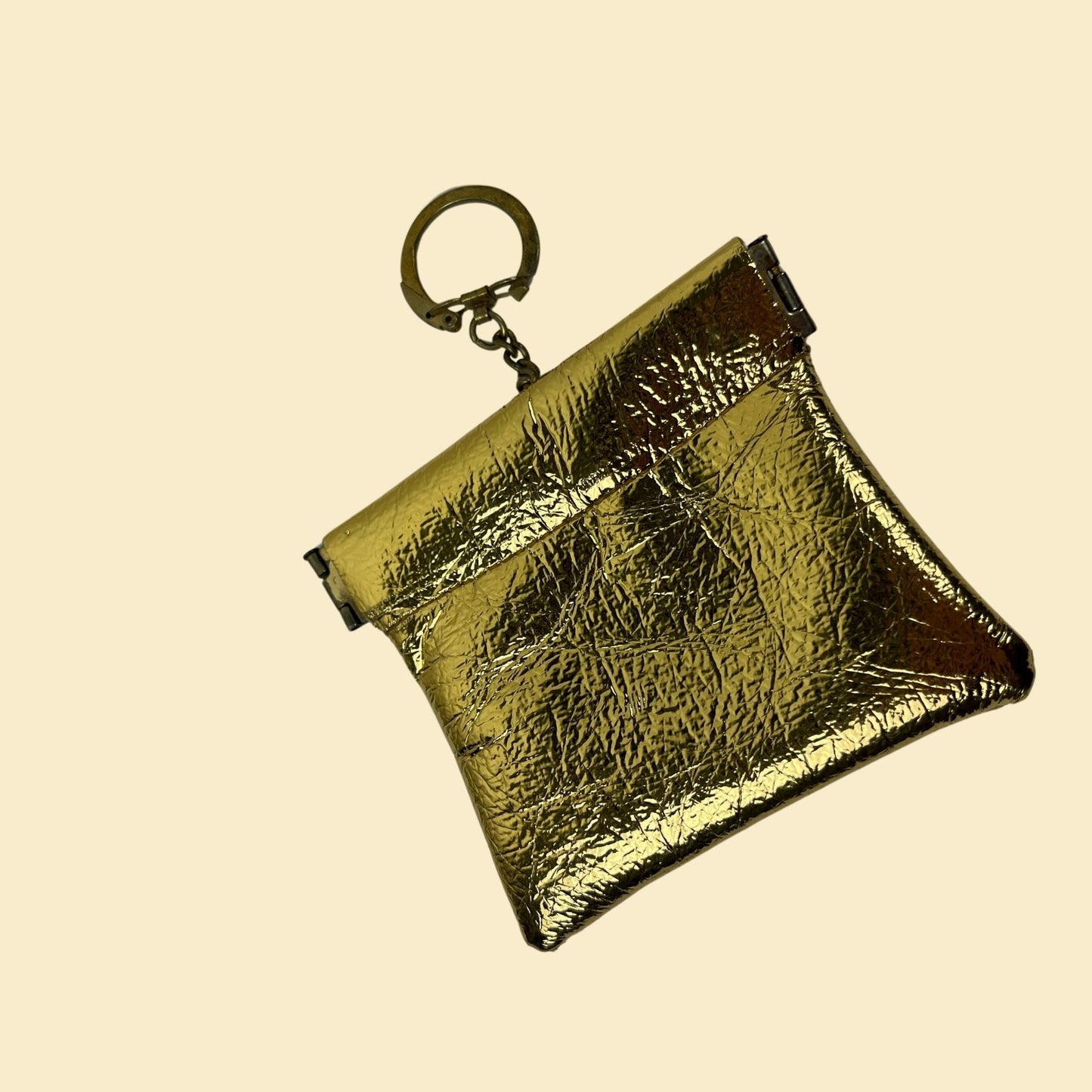 70s gold-toned coin pouch w/ key ring, vintage 1970s faux-leather metallic coin purse