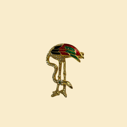 1980s gold-toned flamingo brooch, vintage red & green flamingo pin, 80s bird costume jewelry