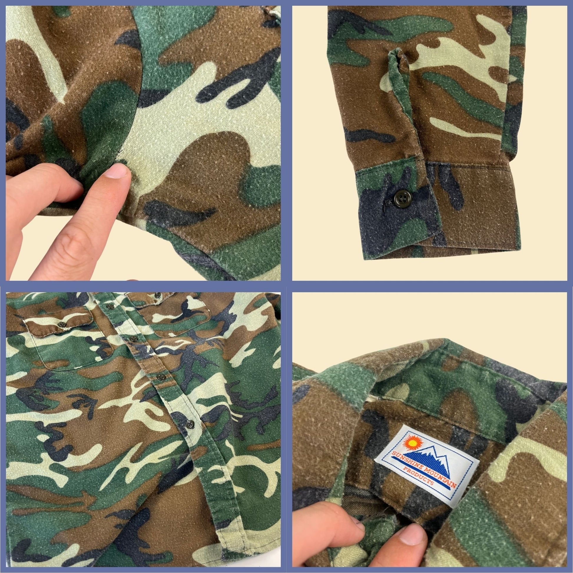 80s camouflage shirt by Sunshine Mountain Products, size L vintage 1980s camo button down hunting shirt